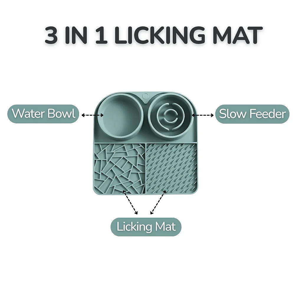 3 in 1 Pet Feeding Mat with Slow Feeder. Lick Mat and Water Bowl