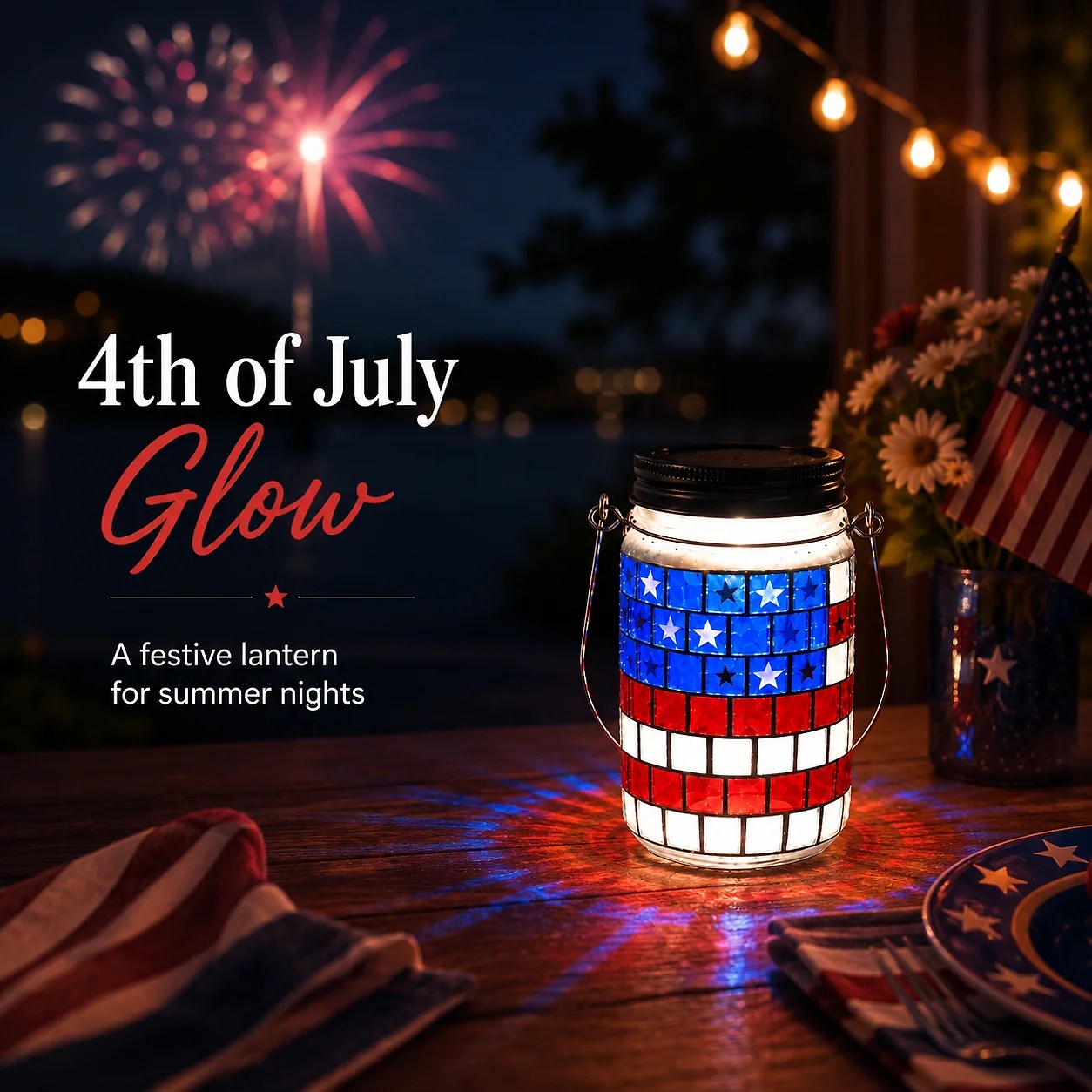 4th of July Solar Lantern Patriotic Mason Jar Outdoor Garden Decorative Light