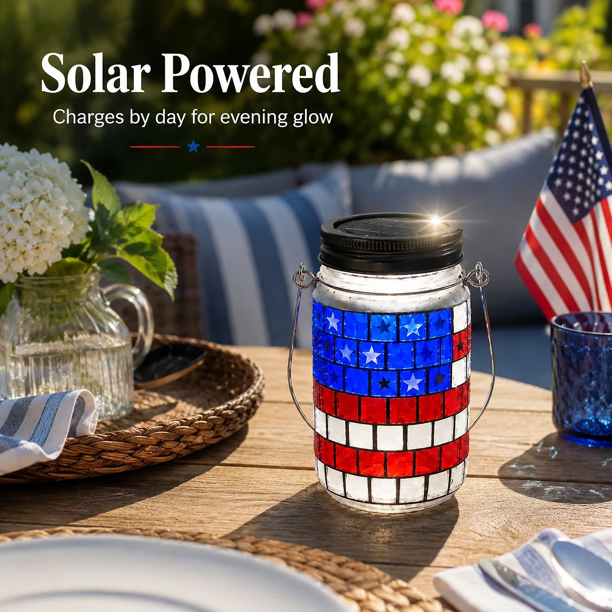 4th of July Solar Lantern Patriotic Mason Jar Outdoor Garden Decorative Light