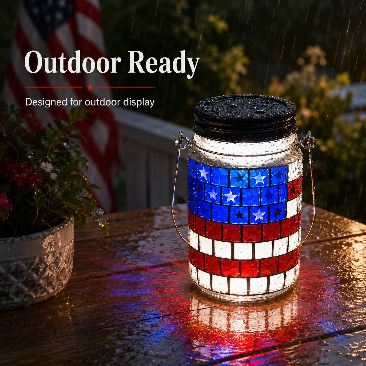 4th of July Solar Lantern Patriotic Mason Jar Outdoor Garden Decorative Light