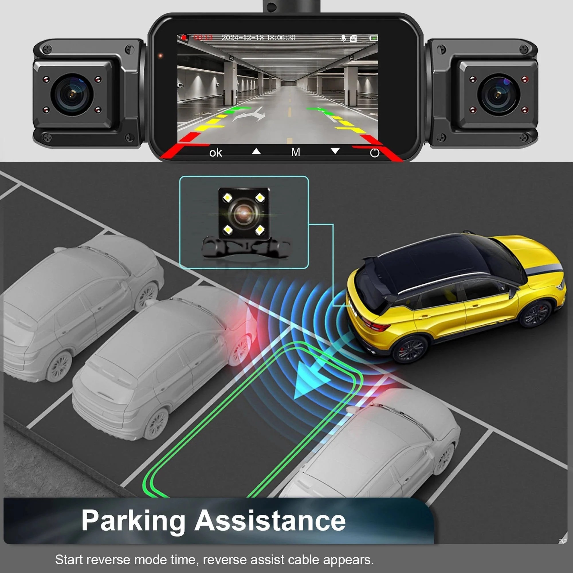 4-Channel Dash Cam with Night Vision and Parking Monitor. WiFi App Control