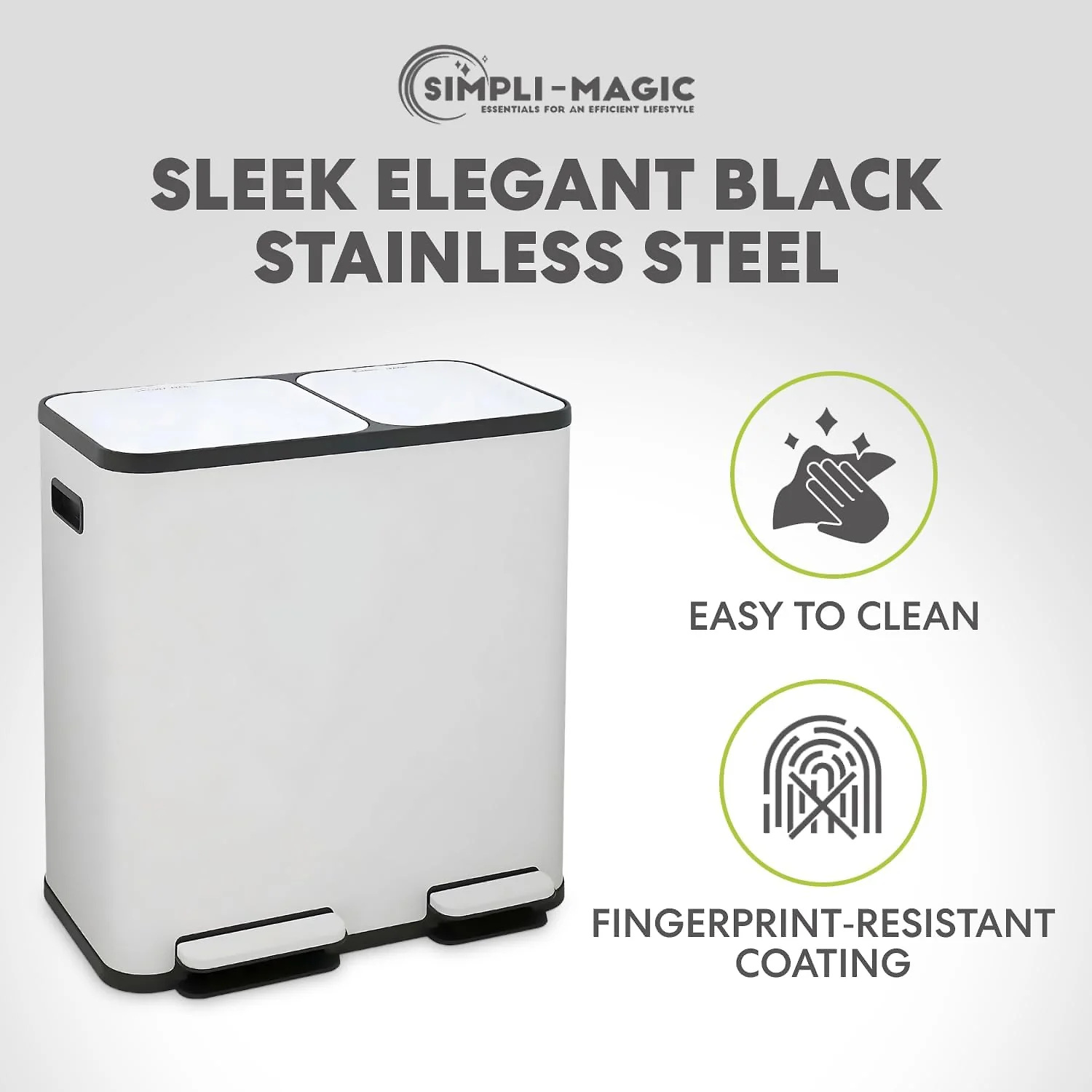 70 Liter / 18.5 Gallon Dual Compartment Recycling Trash Can – Hands-Free Kitchen Step Bin with Soft-Close Lid. Odor Filter. Stainless Steel Foot Pedal. Black Finish (40L + 30L). White