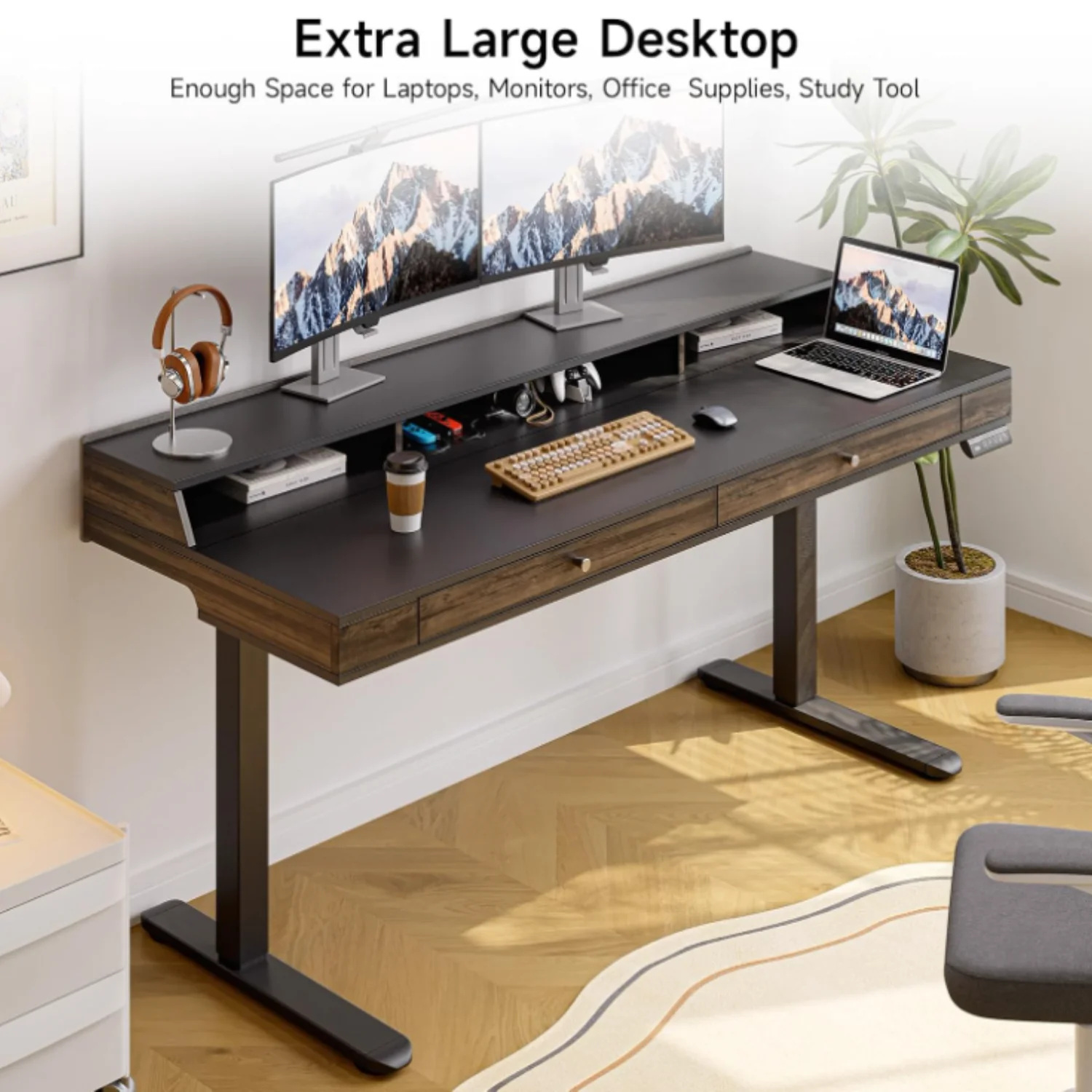 (Discontinued) 63 x 24 Electric Standing Desk with 2 Drawers. Home Office Height Adjustable Desk with Monitor Stand. Storage Shelf & Memory Preset