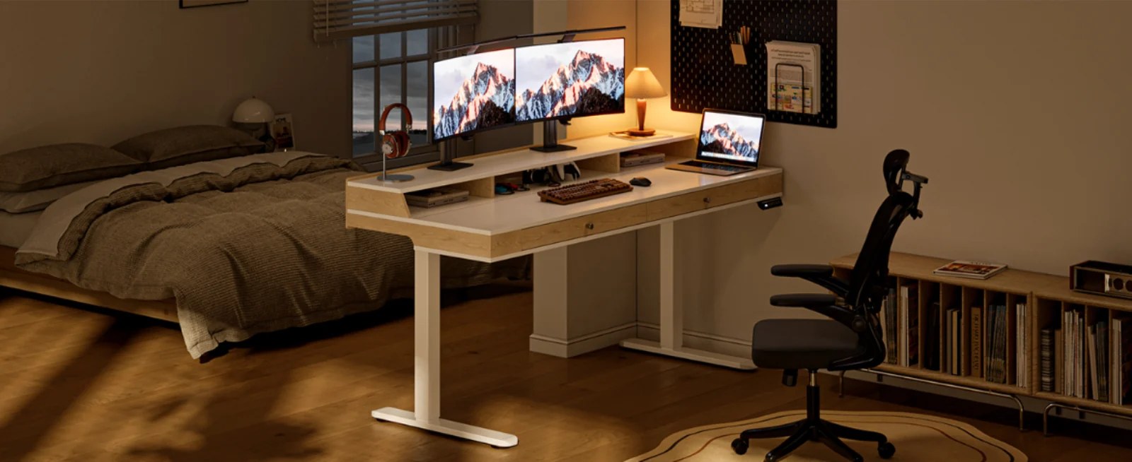 (Discontinued) 63 x 24 Electric Standing Desk with 2 Drawers. Home Office Height Adjustable Desk with Monitor Stand. Storage Shelf & Memory Preset