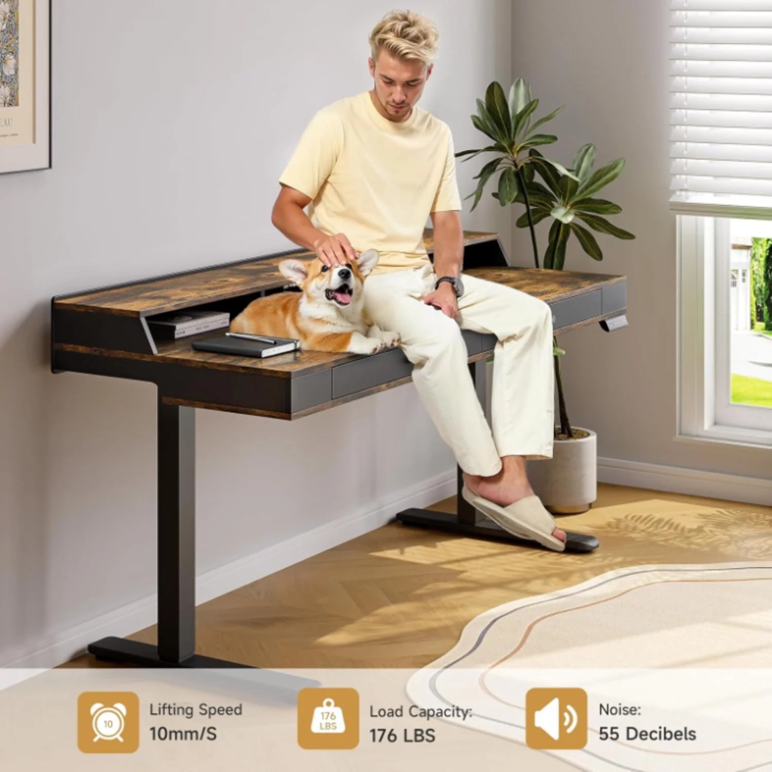 (Discontinued) 63 x 24 Electric Standing Desk with 2 Drawers. Home Office Height Adjustable Desk with Monitor Stand. Storage Shelf & Memory Preset