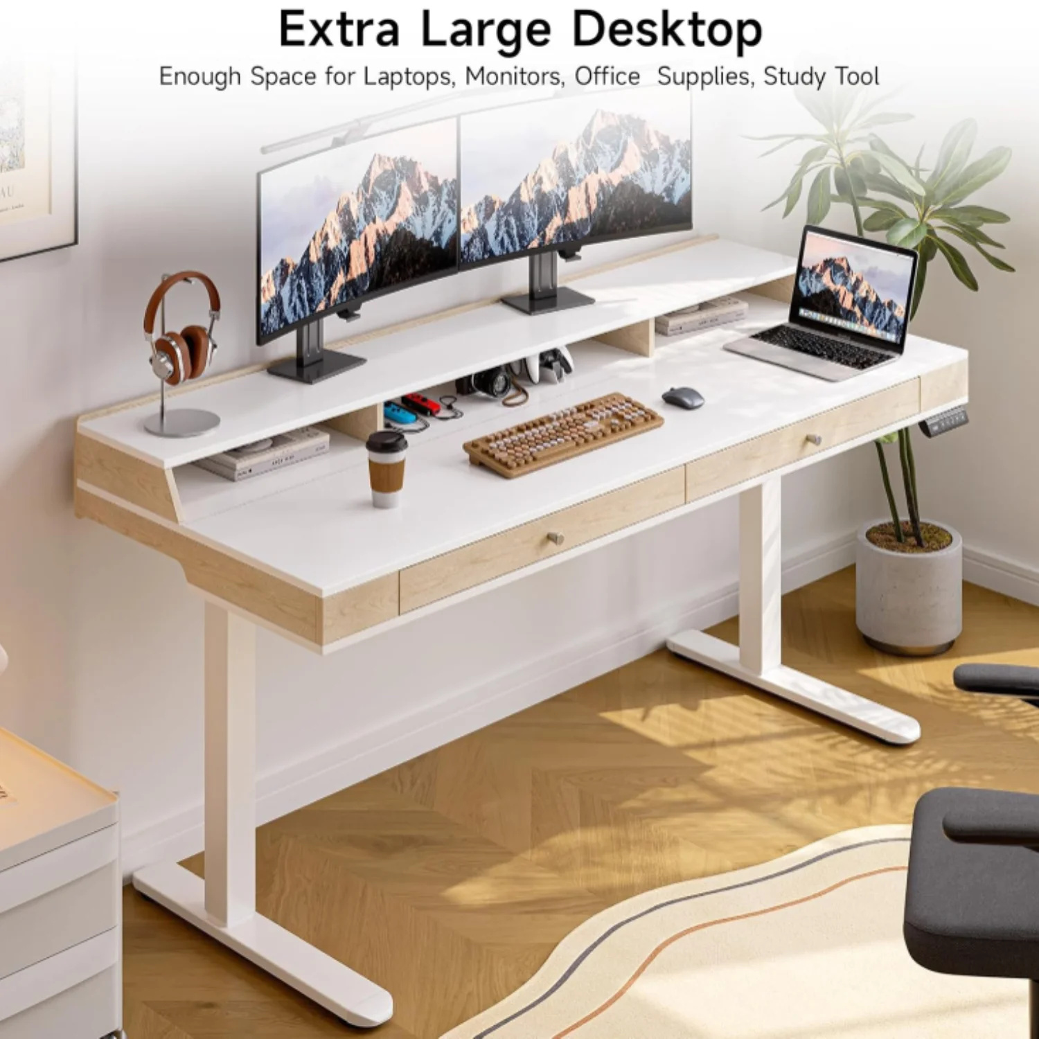 (Discontinued) 63 x 24 Electric Standing Desk with 2 Drawers. Home Office Height Adjustable Desk with Monitor Stand. Storage Shelf & Memory Preset