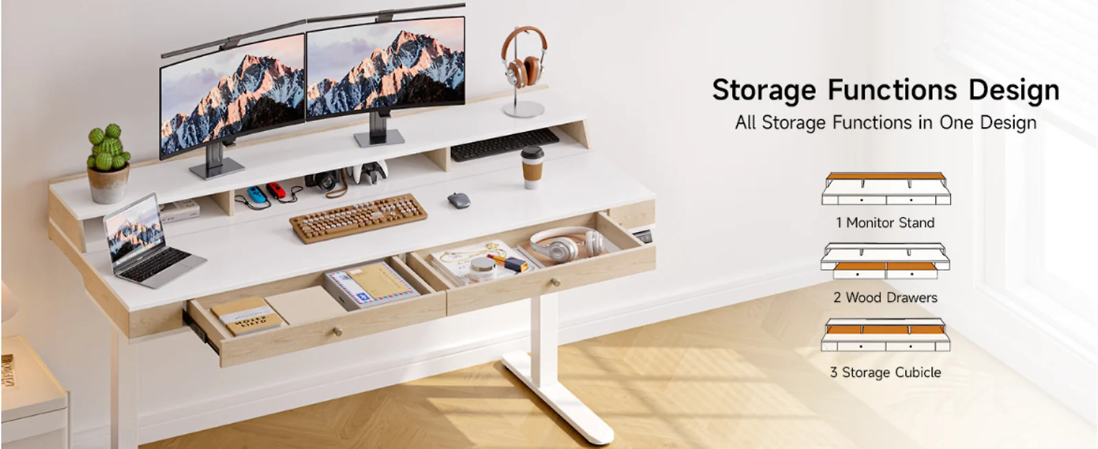 (Discontinued) 63 x 24 Electric Standing Desk with 2 Drawers. Home Office Height Adjustable Desk with Monitor Stand. Storage Shelf & Memory Preset