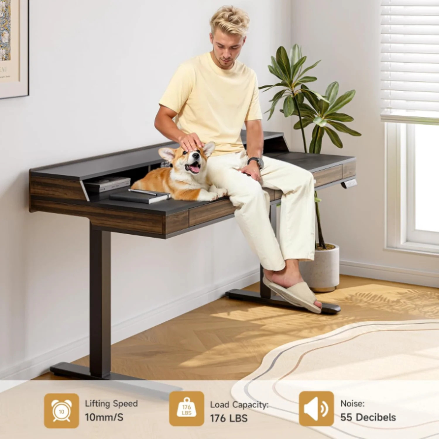 (Discontinued) 63 x 24 Electric Standing Desk with 2 Drawers. Home Office Height Adjustable Desk with Monitor Stand. Storage Shelf & Memory Preset