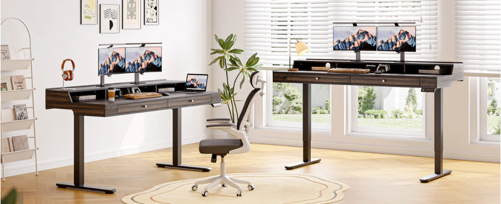 (Discontinued) 63 x 24 Electric Standing Desk with 2 Drawers. Home Office Height Adjustable Desk with Monitor Stand. Storage Shelf & Memory Preset