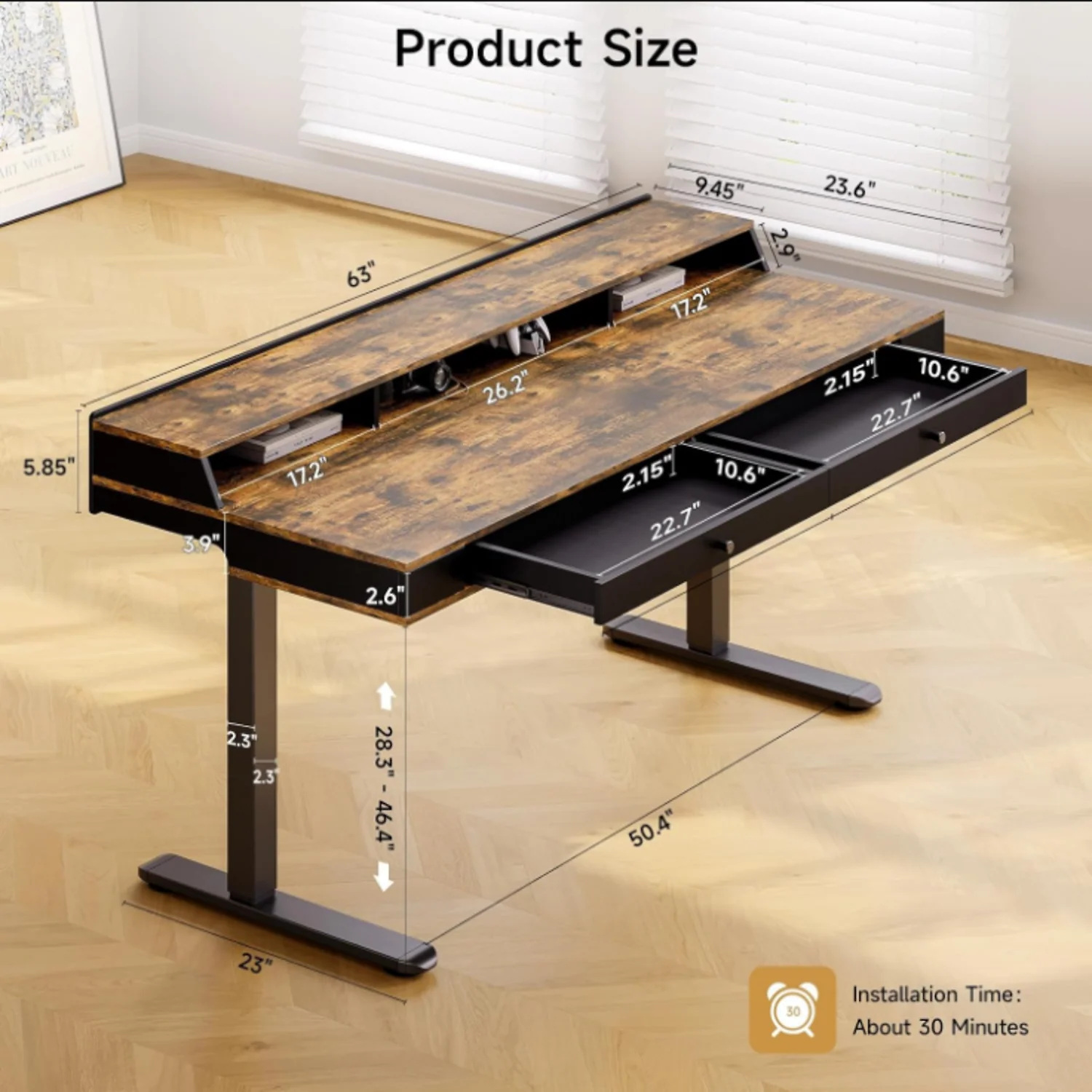 (Discontinued) 63 x 24 Electric Standing Desk with 2 Drawers. Home Office Height Adjustable Desk with Monitor Stand. Storage Shelf & Memory Preset