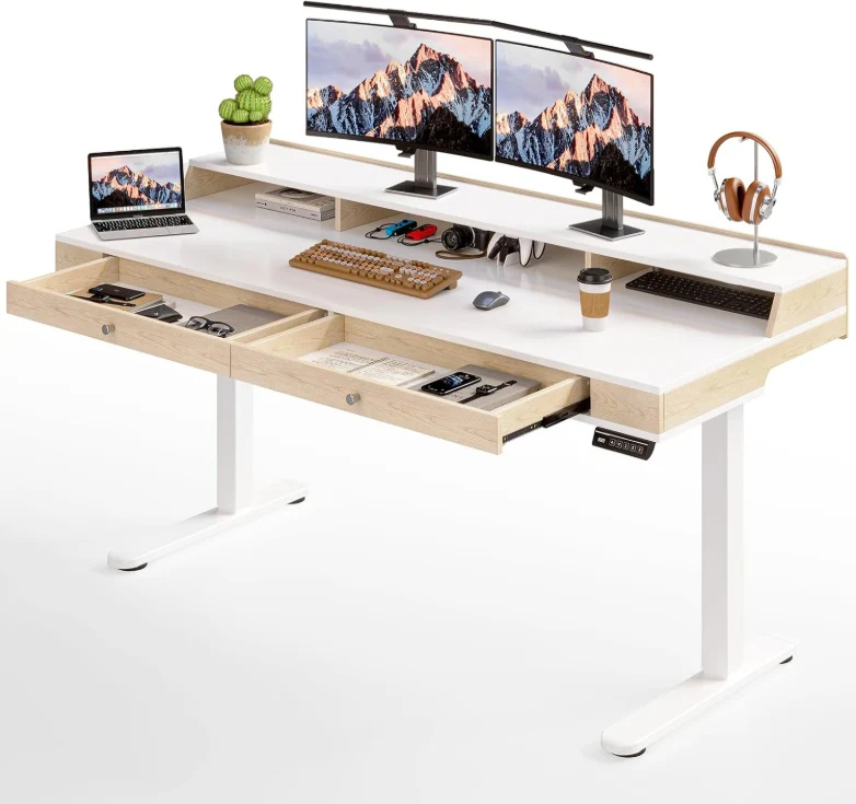(Discontinued) 63 x 24 Electric Standing Desk with 2 Drawers. Home Office Height Adjustable Desk with Monitor Stand. Storage Shelf & Memory Preset