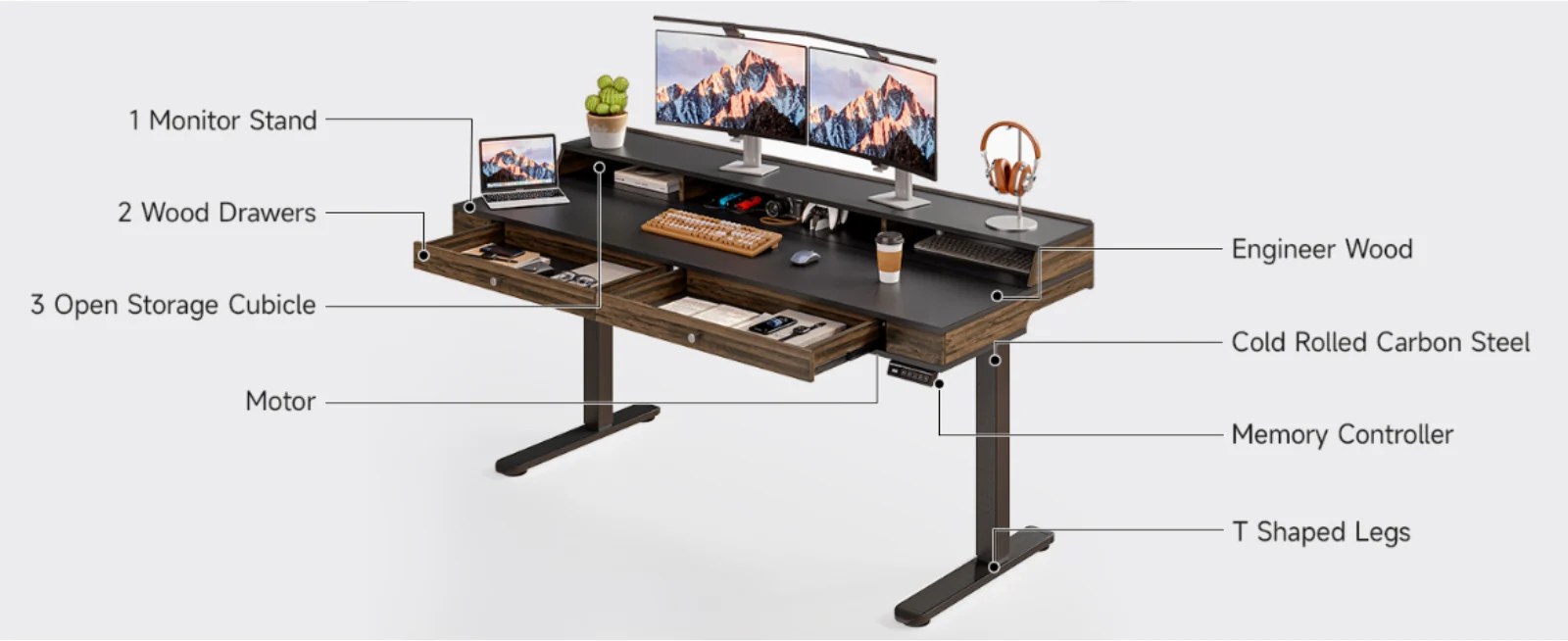 (Discontinued) 63 x 24 Electric Standing Desk with 2 Drawers. Home Office Height Adjustable Desk with Monitor Stand. Storage Shelf & Memory Preset