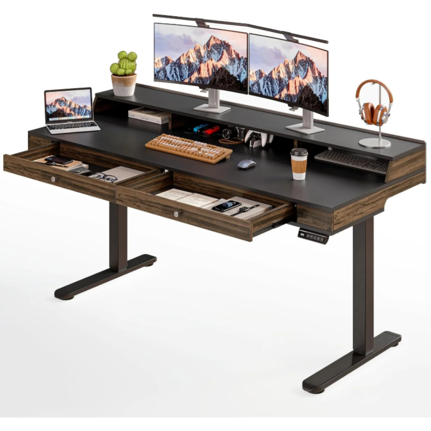 (Discontinued) 63 x 24 Electric Standing Desk with 2 Drawers. Home Office Height Adjustable Desk with Monitor Stand. Storage Shelf & Memory Preset
