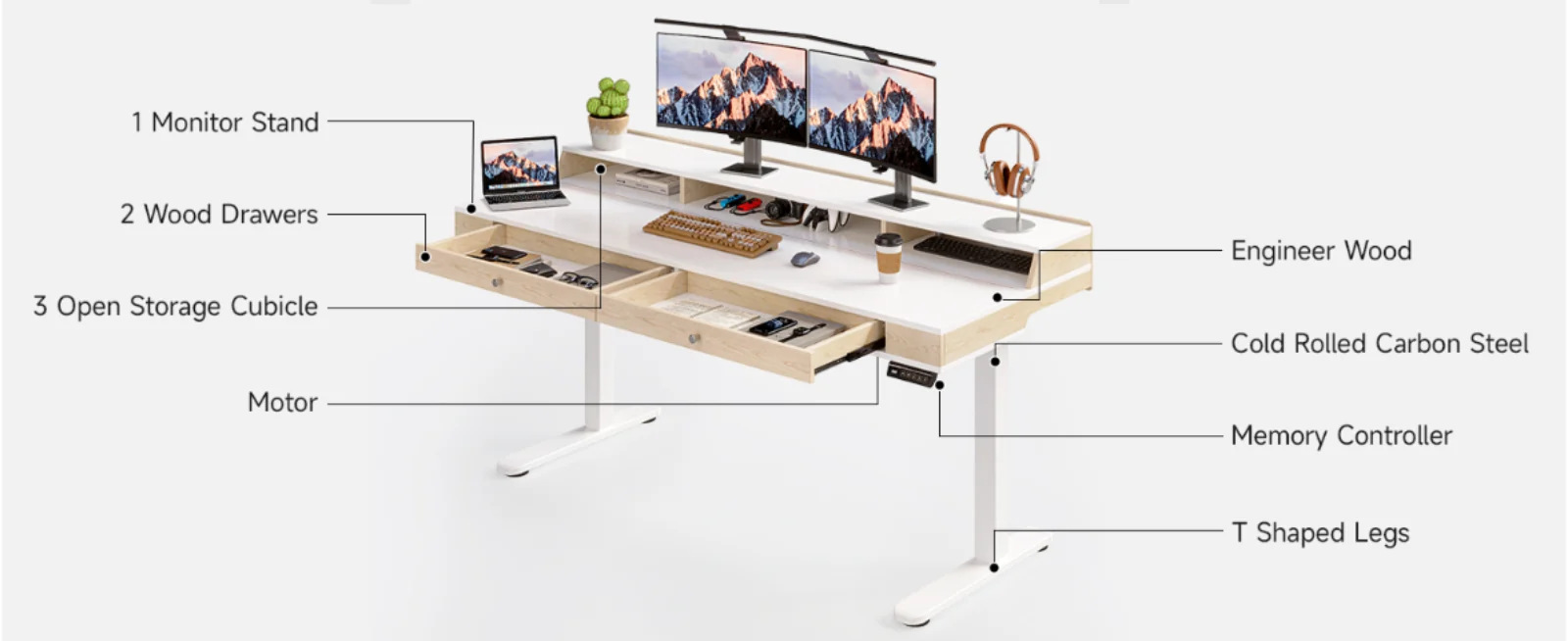 (Discontinued) 63 x 24 Electric Standing Desk with 2 Drawers. Home Office Height Adjustable Desk with Monitor Stand. Storage Shelf & Memory Preset