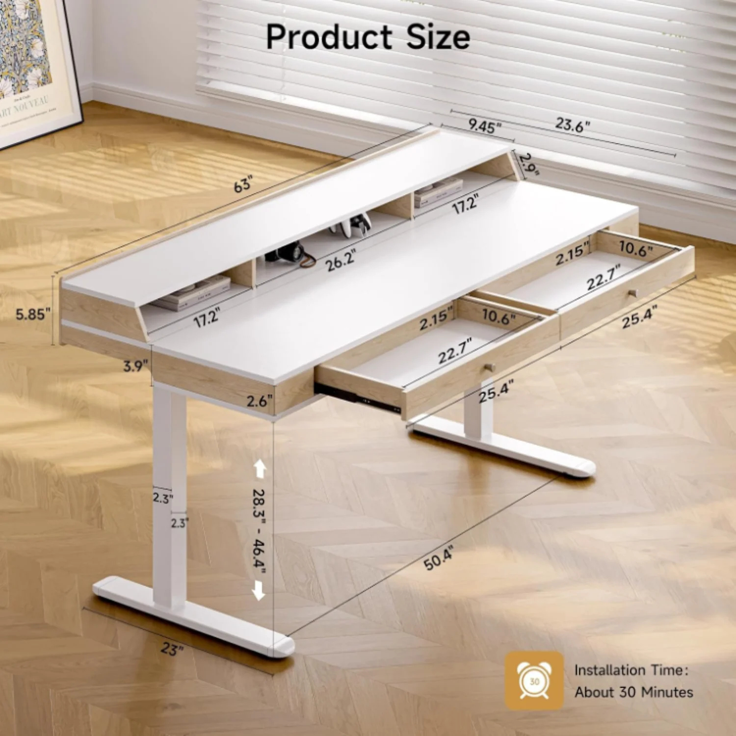 (Discontinued) 63 x 24 Electric Standing Desk with 2 Drawers. Home Office Height Adjustable Desk with Monitor Stand. Storage Shelf & Memory Preset