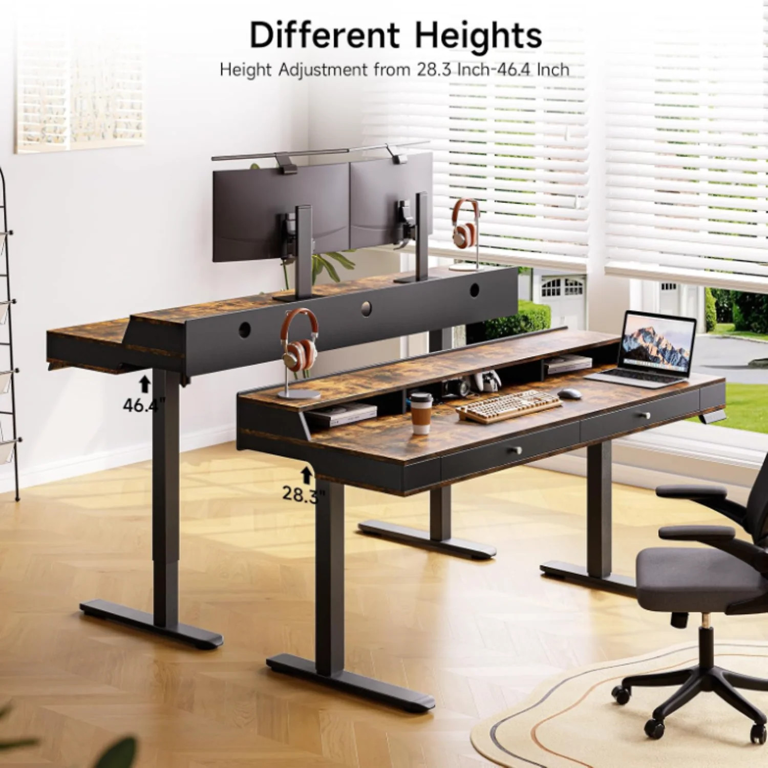 (Discontinued) 63 x 24 Electric Standing Desk with 2 Drawers. Home Office Height Adjustable Desk with Monitor Stand. Storage Shelf & Memory Preset