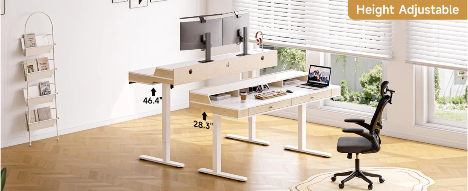 (Discontinued) 63 x 24 Electric Standing Desk with 2 Drawers. Home Office Height Adjustable Desk with Monitor Stand. Storage Shelf & Memory Preset