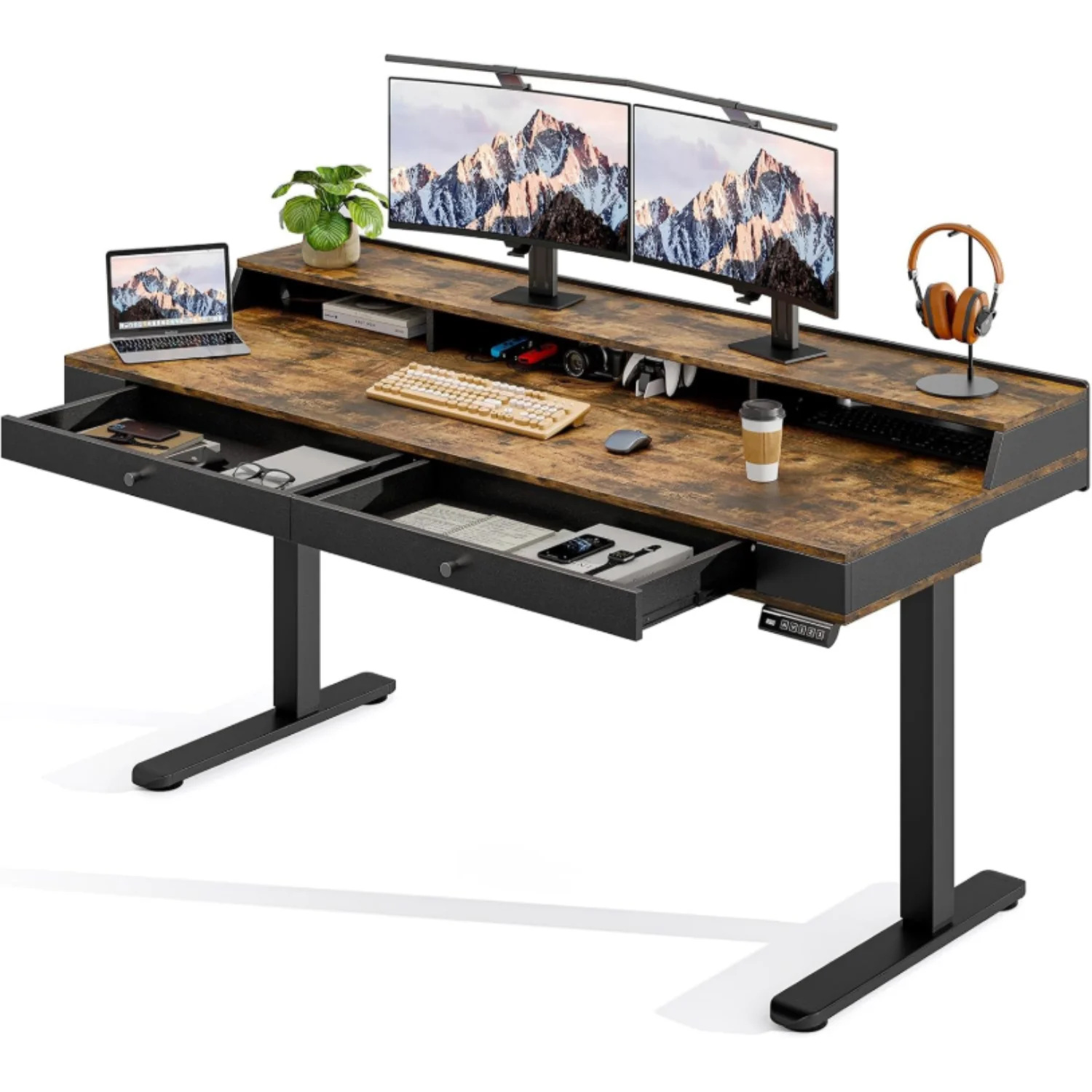 (Discontinued) 63 x 24 Electric Standing Desk with 2 Drawers. Home Office Height Adjustable Desk with Monitor Stand. Storage Shelf & Memory Preset