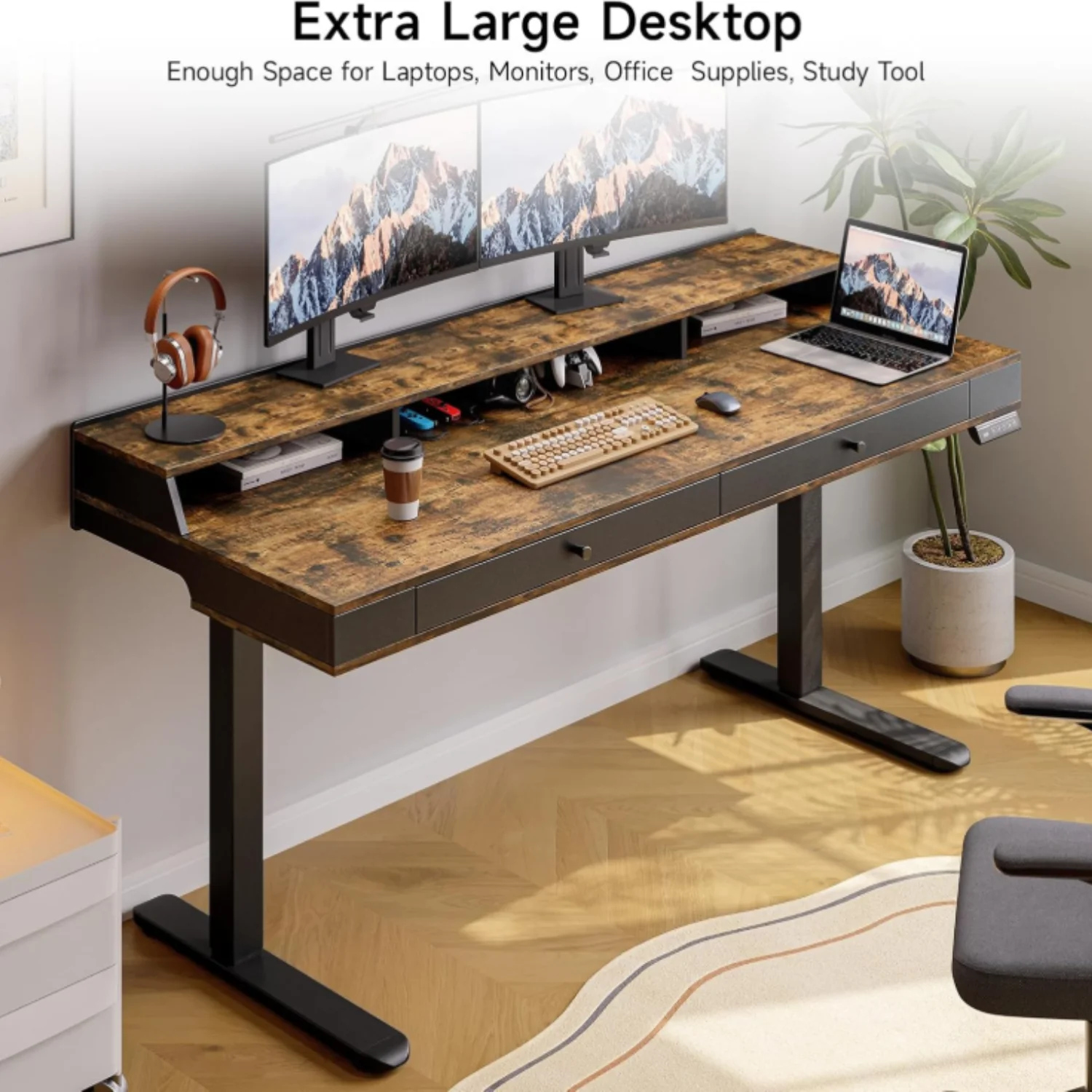 (Discontinued) 63 x 24 Electric Standing Desk with 2 Drawers. Home Office Height Adjustable Desk with Monitor Stand. Storage Shelf & Memory Preset
