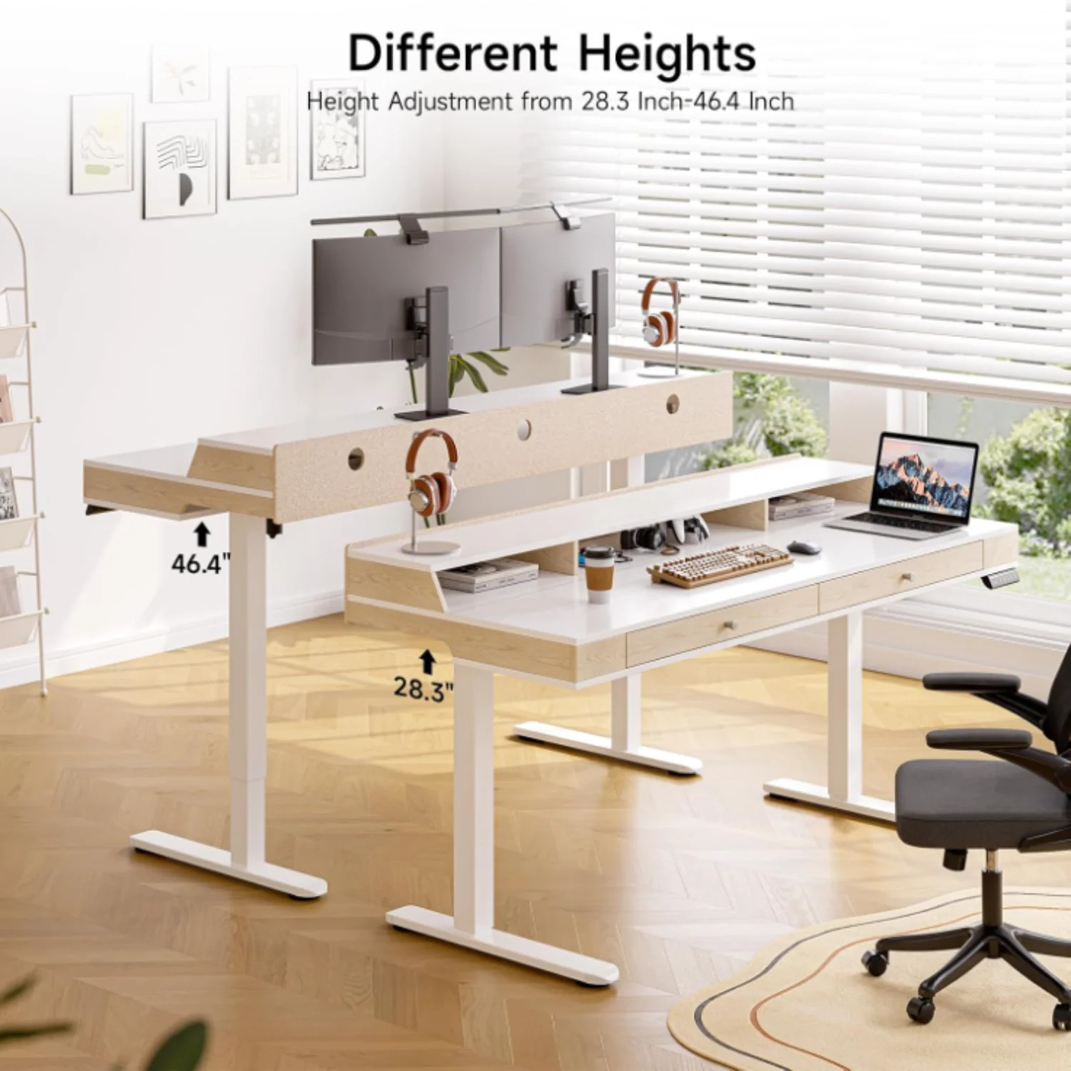 (Discontinued) 63 x 24 Electric Standing Desk with 2 Drawers. Home Office Height Adjustable Desk with Monitor Stand. Storage Shelf & Memory Preset