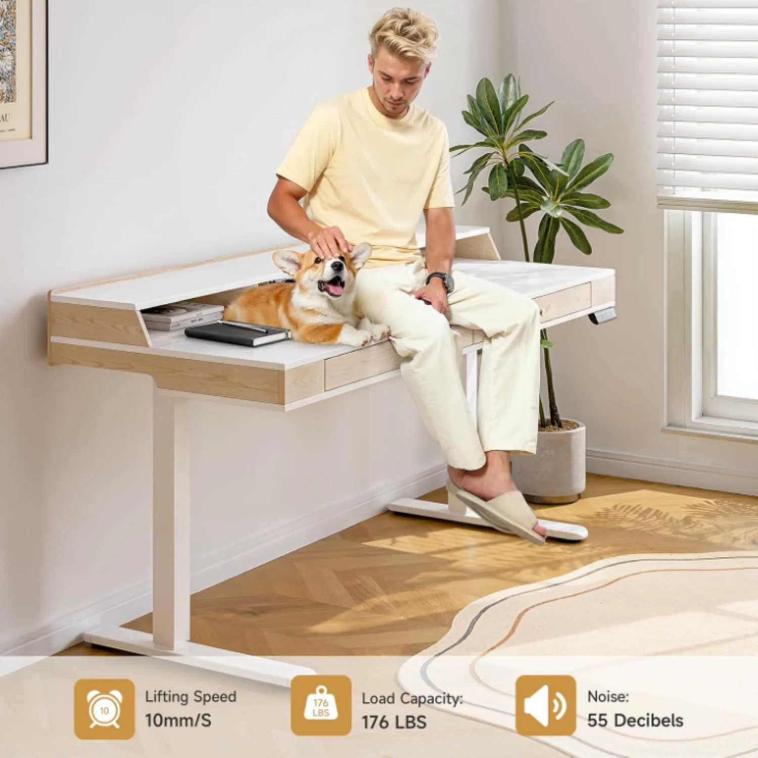 (Discontinued) 63 x 24 Electric Standing Desk with 2 Drawers. Home Office Height Adjustable Desk with Monitor Stand. Storage Shelf & Memory Preset