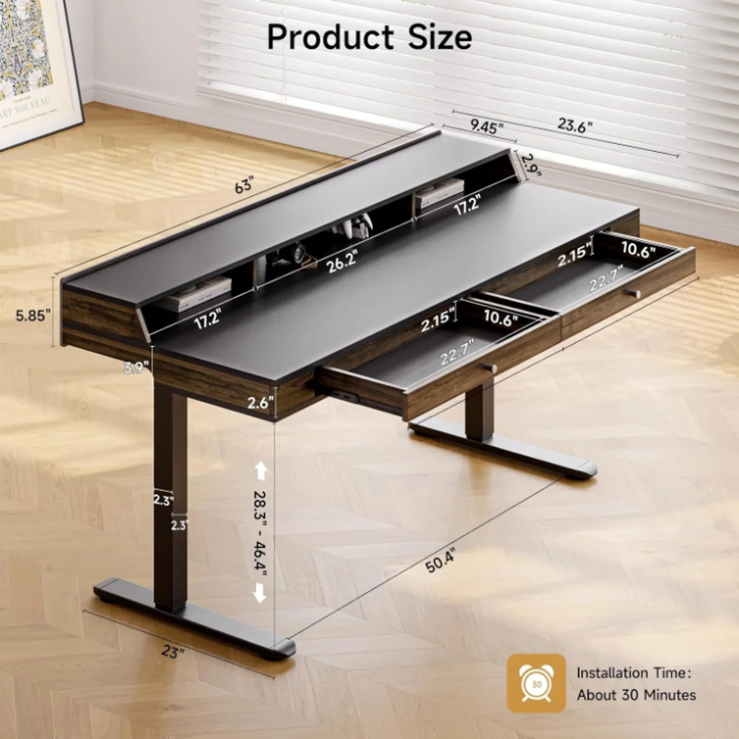 (Discontinued) 63 x 24 Electric Standing Desk with 2 Drawers. Home Office Height Adjustable Desk with Monitor Stand. Storage Shelf & Memory Preset