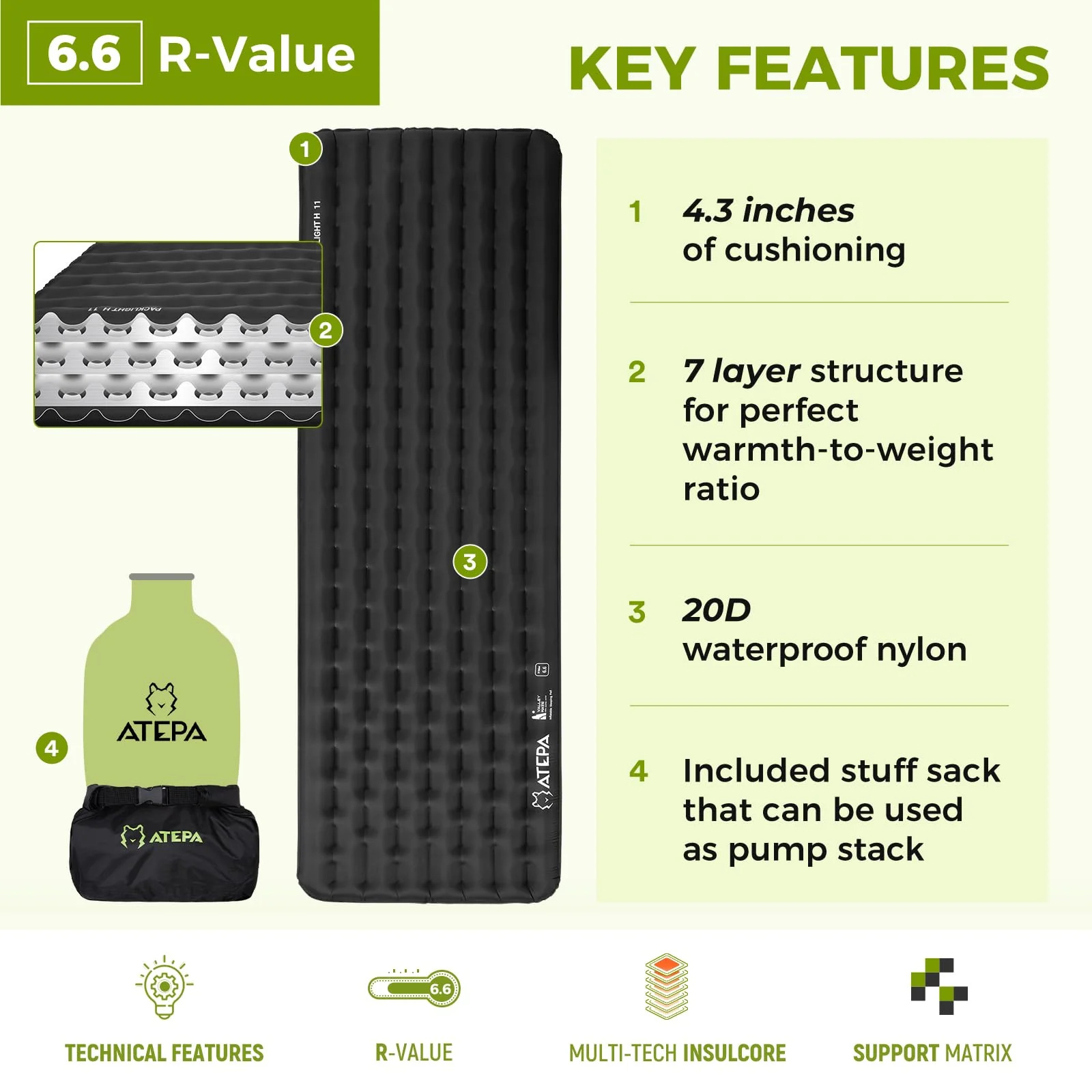 ATEPA 4-Season Adventure Bundle: Ultralight Insulated Sleeping Pad (R-Value 6.6) + Inflatable 4-in-1 Cloud AirBag Pillow & Messenger Bag
