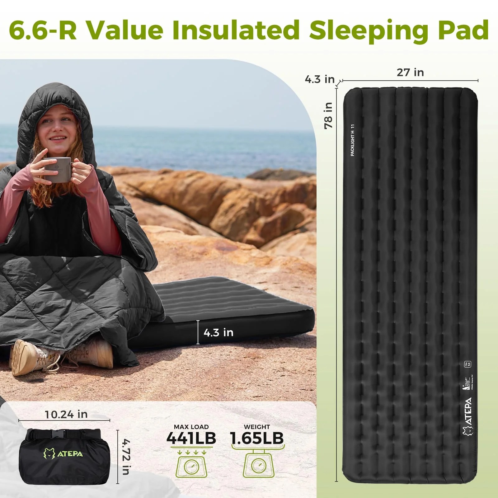 ATEPA 4-Season Adventure Bundle: Ultralight Insulated Sleeping Pad (R-Value 6.6) + Inflatable 4-in-1 Cloud AirBag Pillow & Messenger Bag