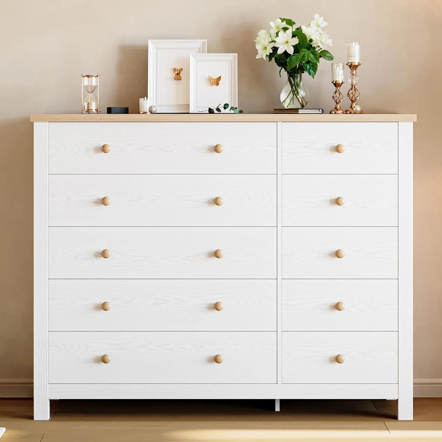 (Discontinued) 10 Drawer Dresser. Modern White Dressers and Chests of Drawers. 10 Drawer Large Dressers with Solid Wood Knobs. Storage Organizer. TV stand