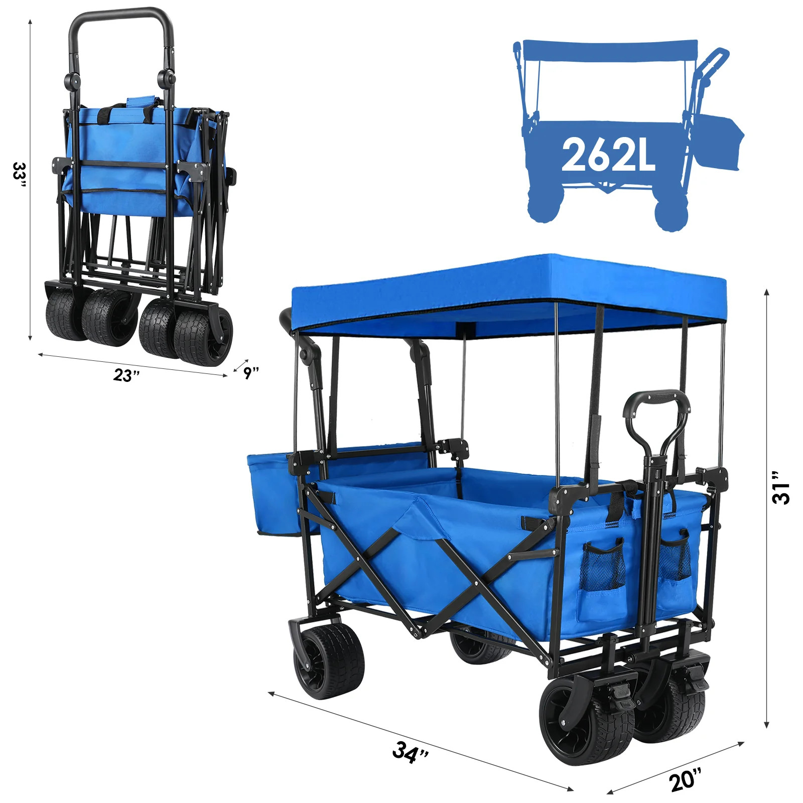(Discontinued) Folding Wagon All-Terrain Wheels Camping Cart with Canopy and Basket