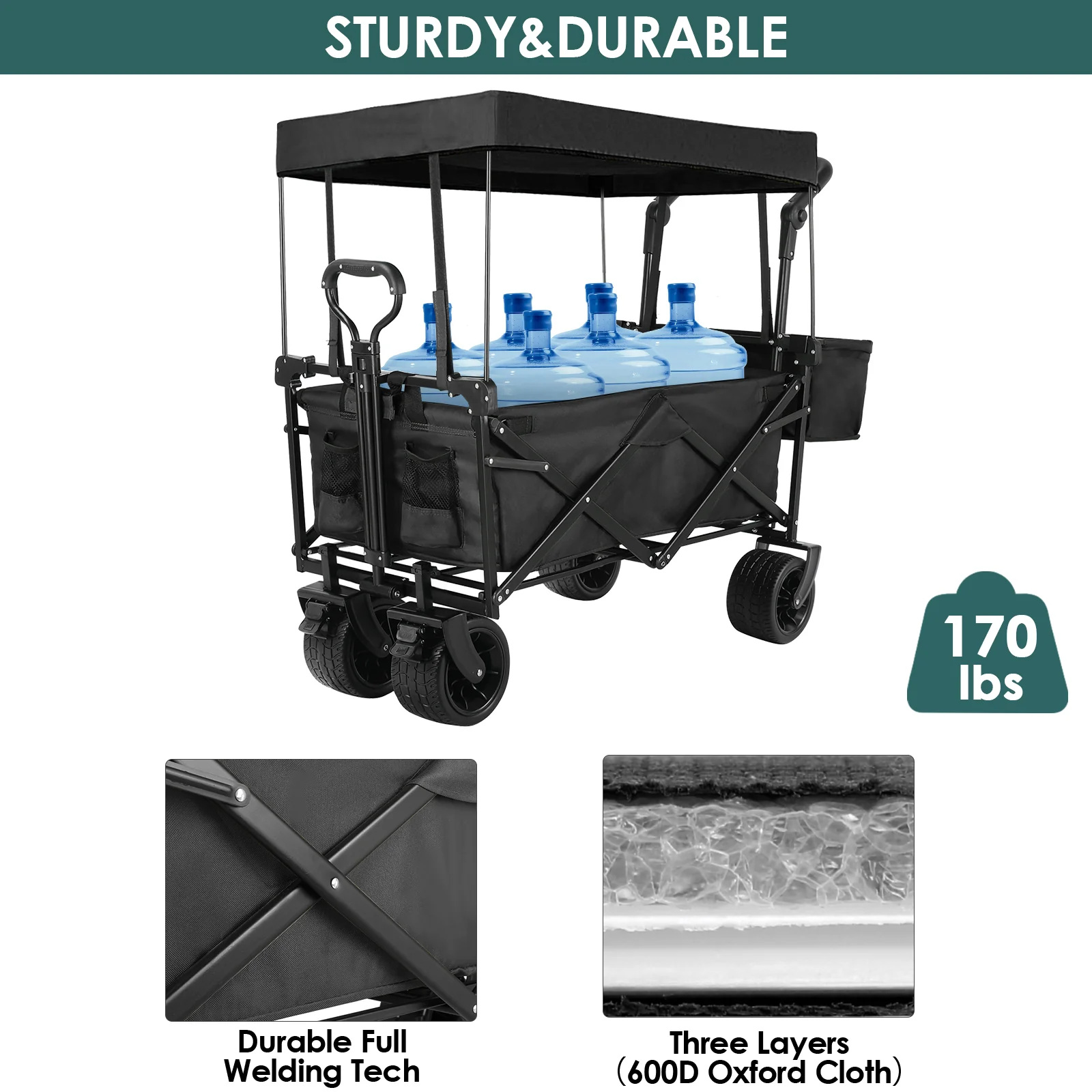 (Discontinued) Folding Wagon All-Terrain Wheels Camping Cart with Canopy and Basket