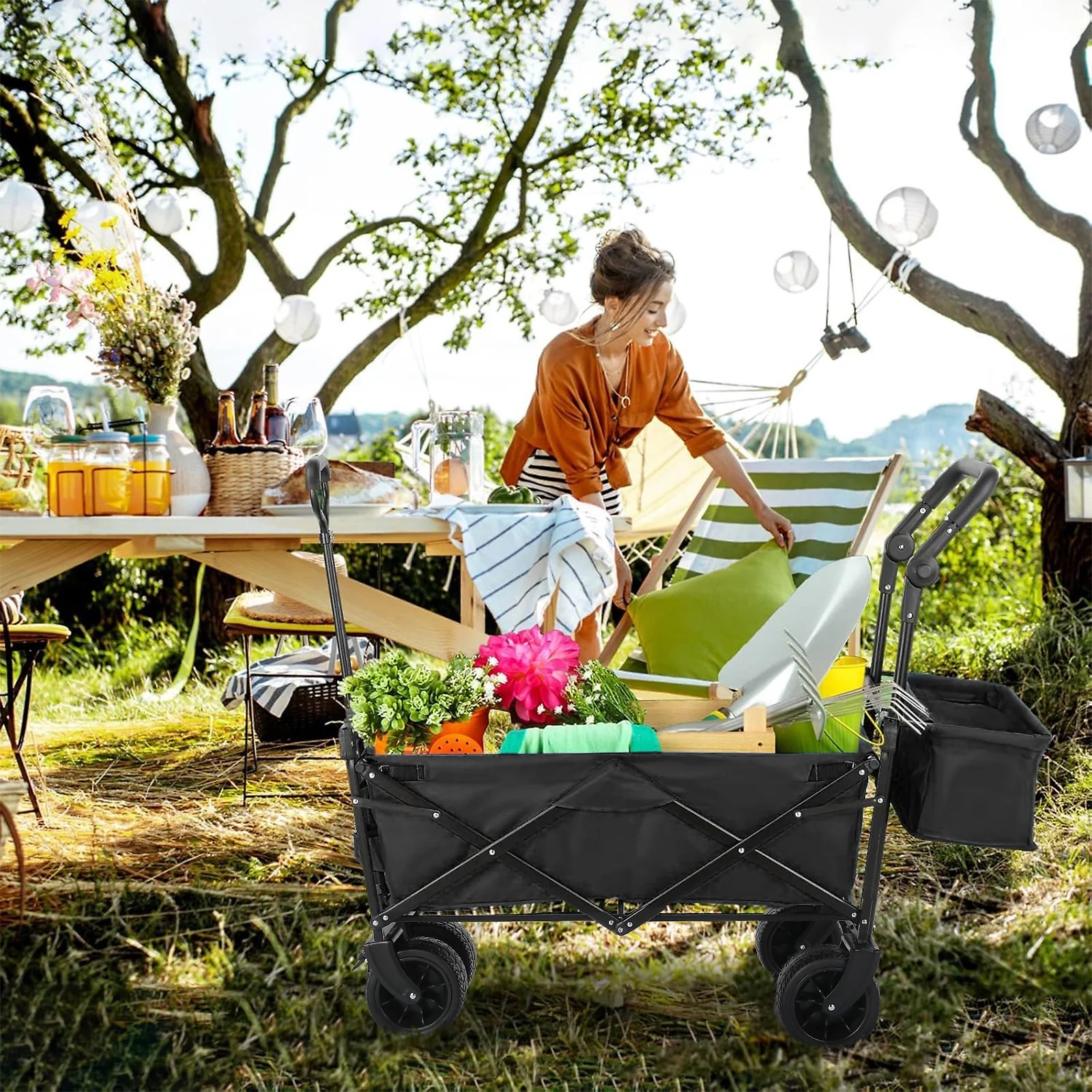 (Discontinued) Folding Wagon All-Terrain Wheels Camping Cart with Canopy and Basket