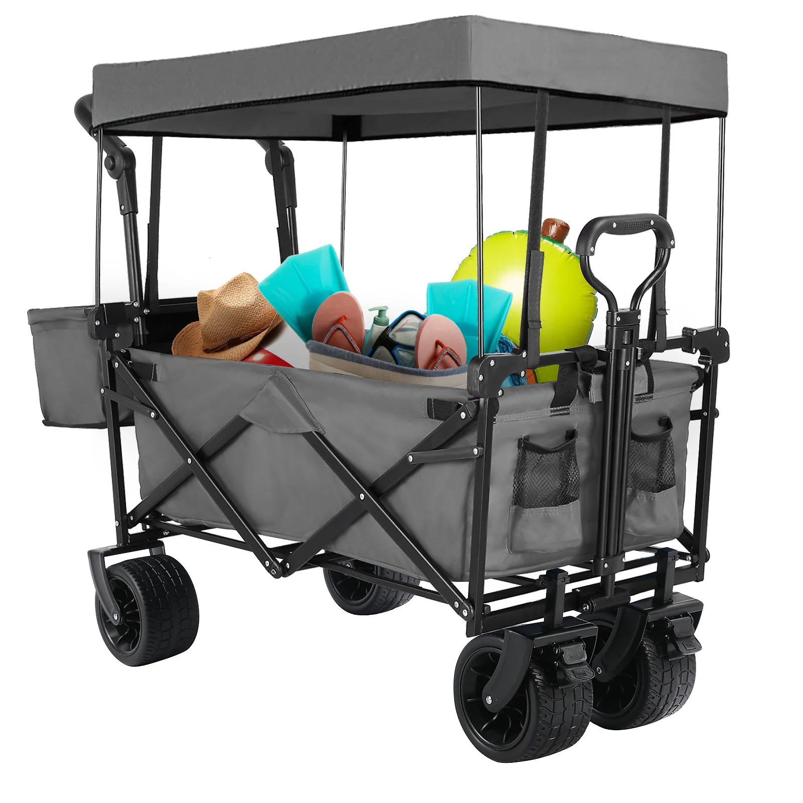 (Discontinued) Folding Wagon All-Terrain Wheels Camping Cart with Canopy and Basket