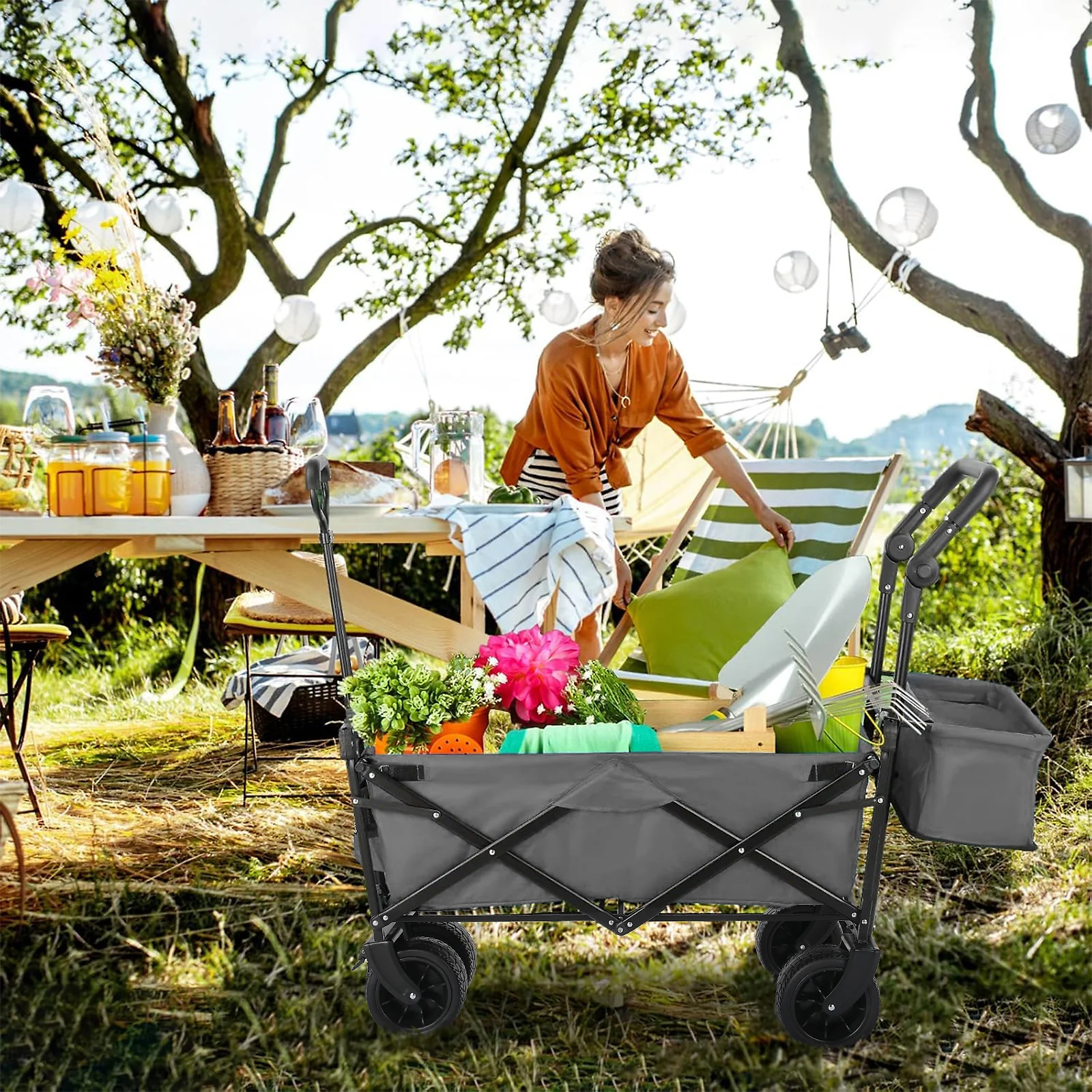 (Discontinued) Folding Wagon All-Terrain Wheels Camping Cart with Canopy and Basket