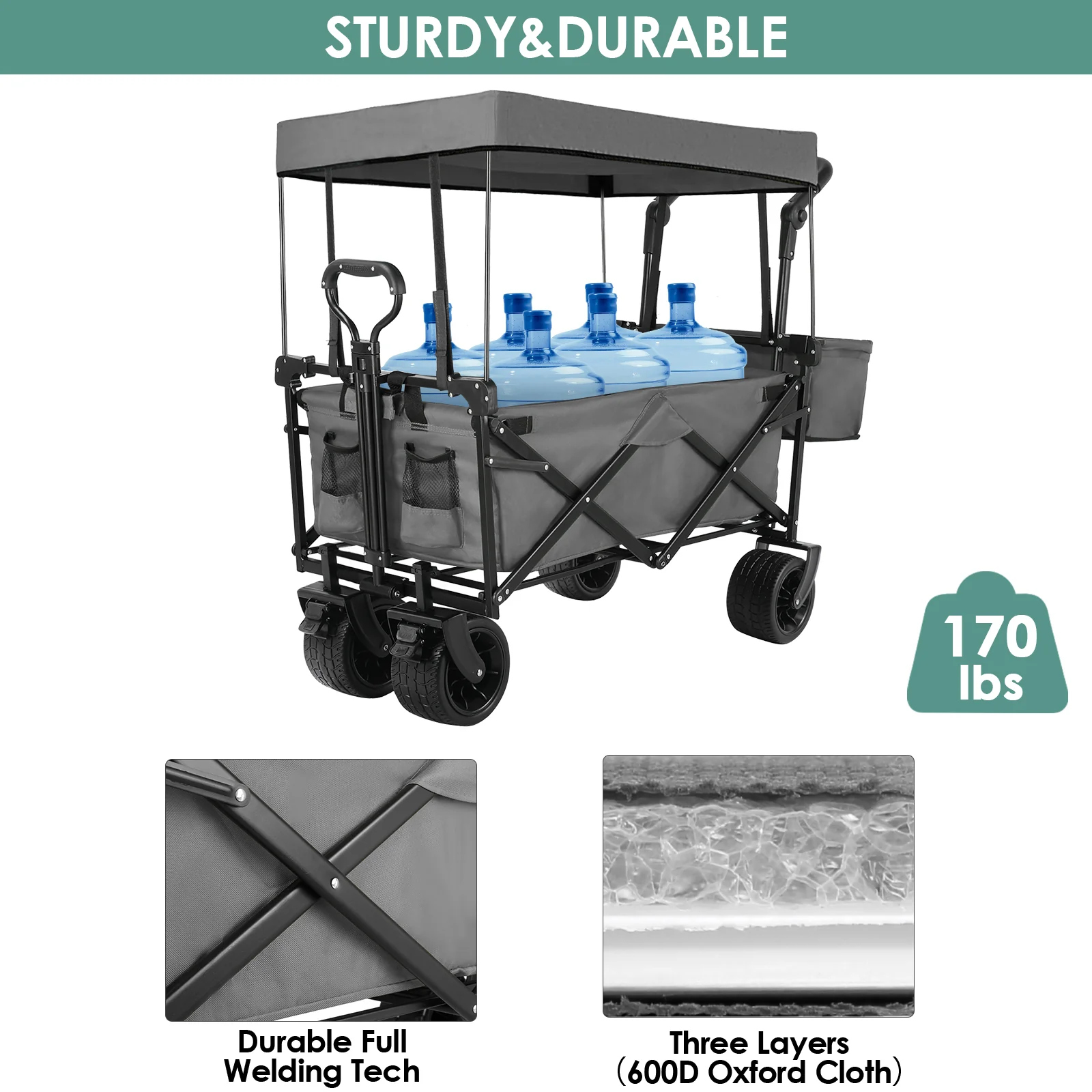 (Discontinued) Folding Wagon All-Terrain Wheels Camping Cart with Canopy and Basket