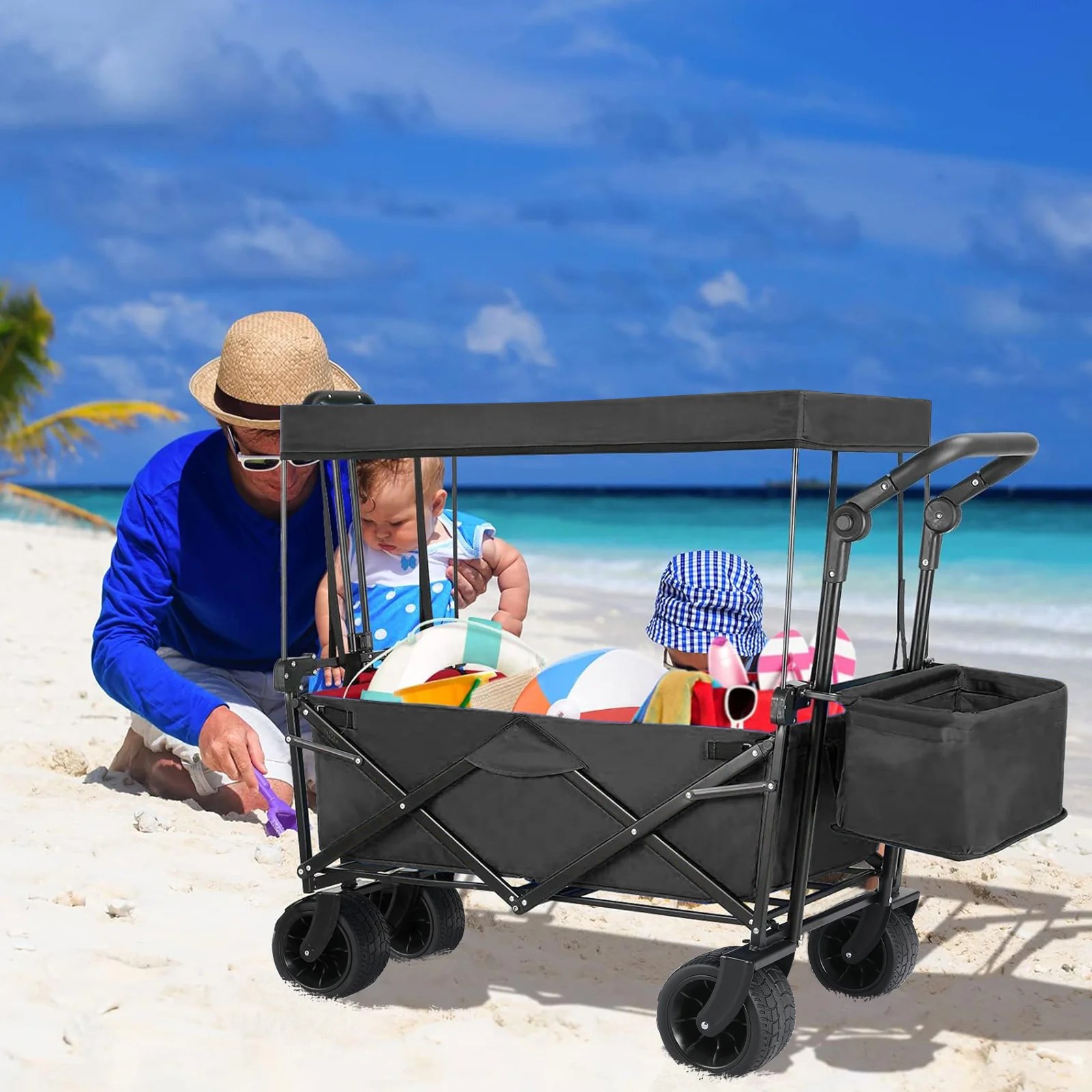 (Discontinued) Folding Wagon All-Terrain Wheels Camping Cart with Canopy and Basket