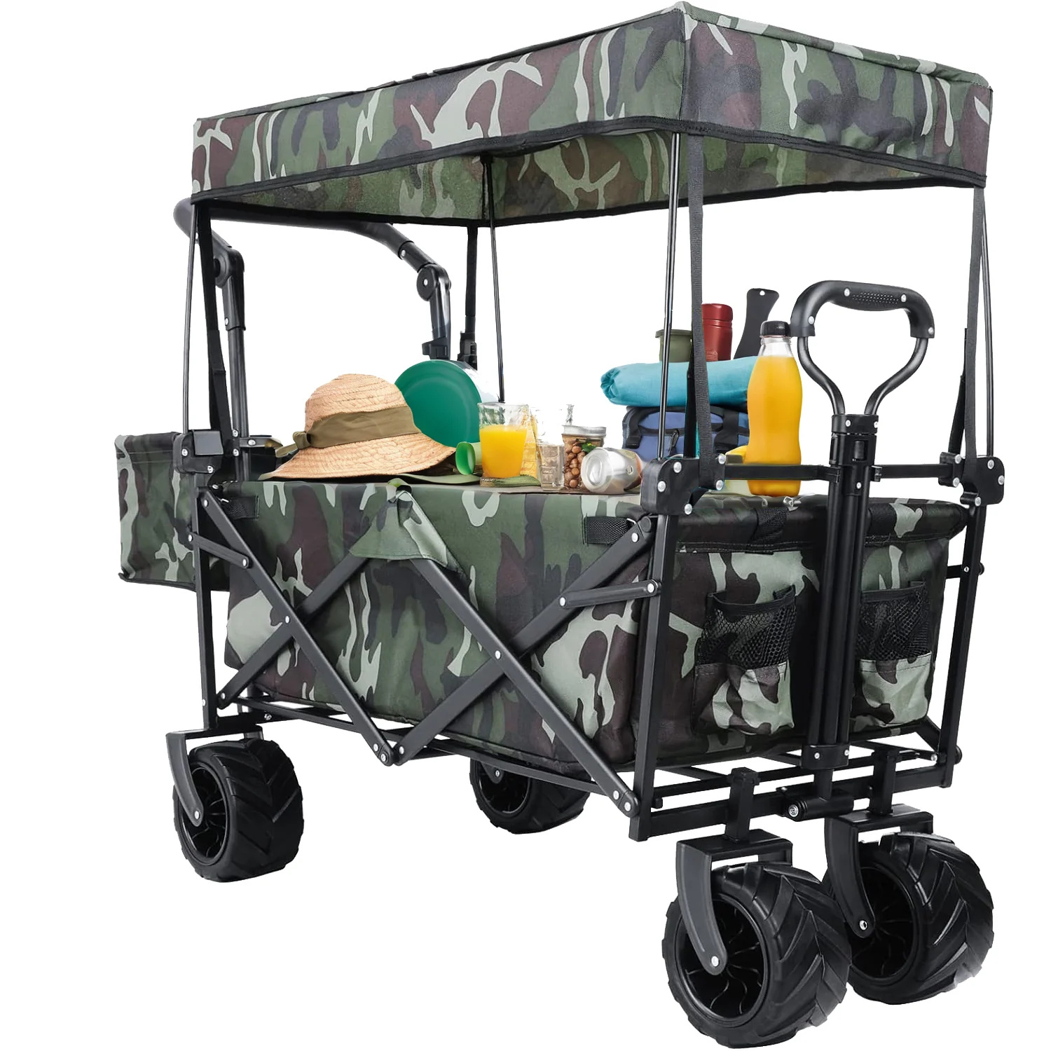 (Discontinued) Folding Wagon All-Terrain Wheels Camping Cart with Canopy and Basket