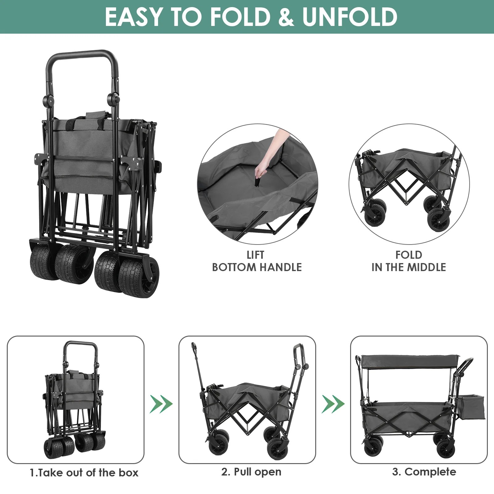 (Discontinued) Folding Wagon All-Terrain Wheels Camping Cart with Canopy and Basket