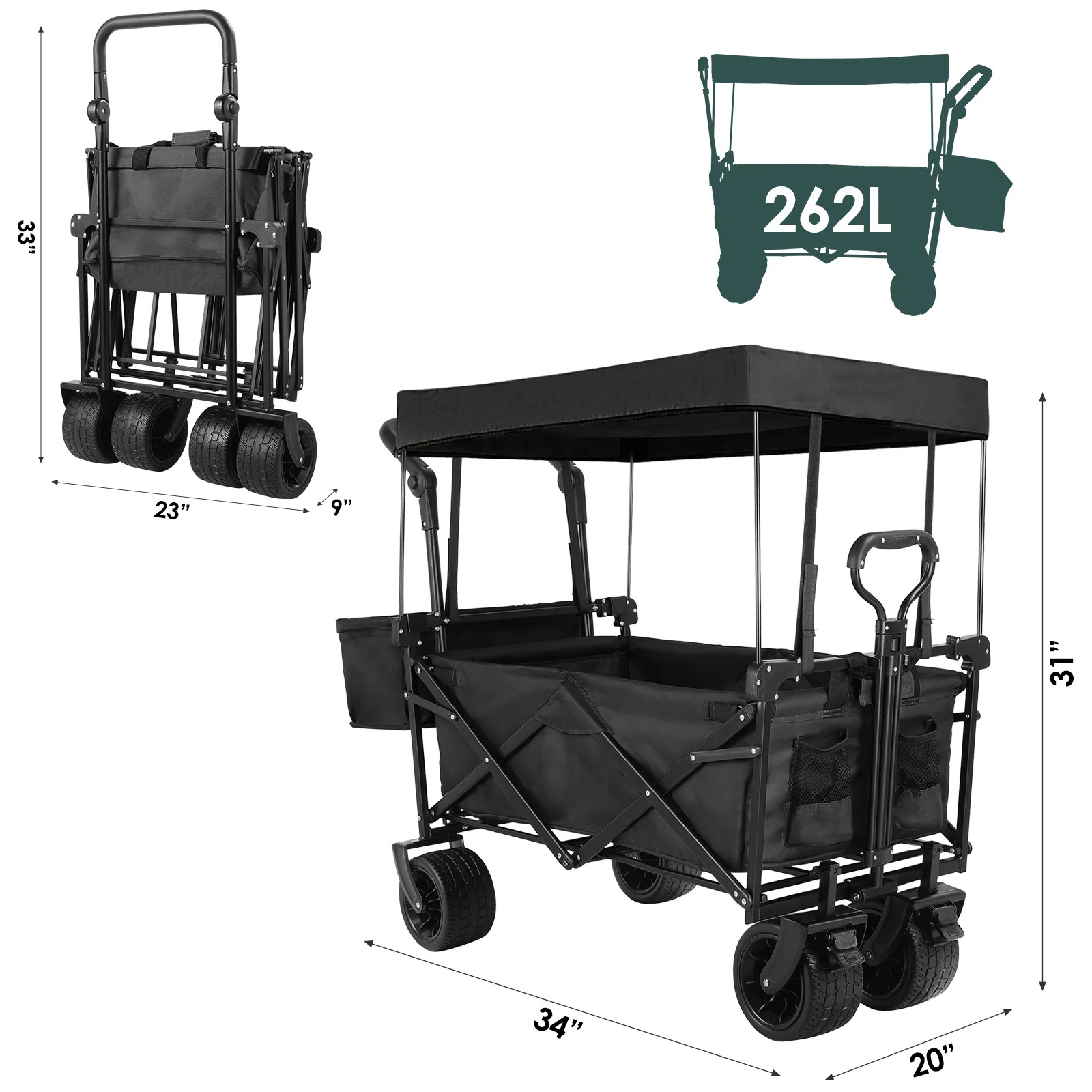 (Discontinued) Folding Wagon All-Terrain Wheels Camping Cart with Canopy and Basket