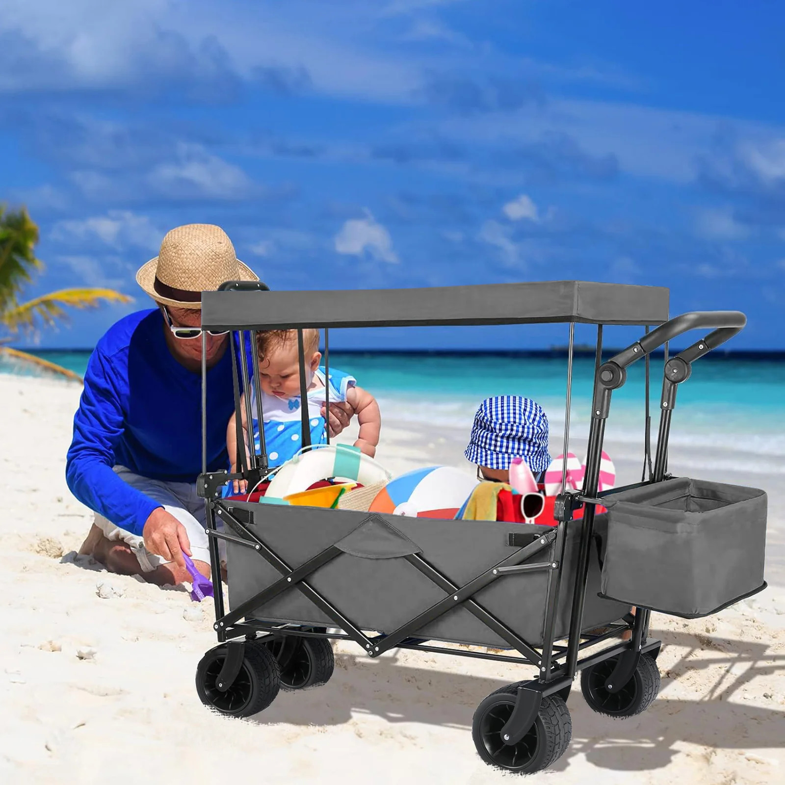 (Discontinued) Folding Wagon All-Terrain Wheels Camping Cart with Canopy and Basket