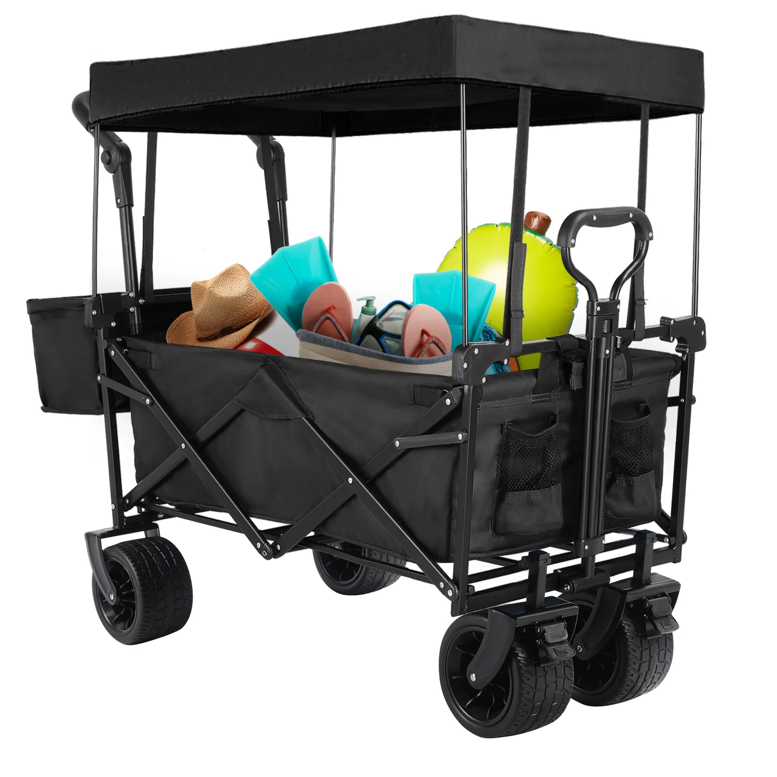 (Discontinued) Folding Wagon All-Terrain Wheels Camping Cart with Canopy and Basket