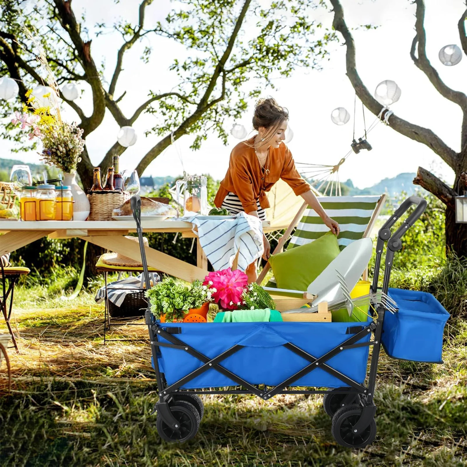 (Discontinued) Folding Wagon All-Terrain Wheels Camping Cart with Canopy and Basket