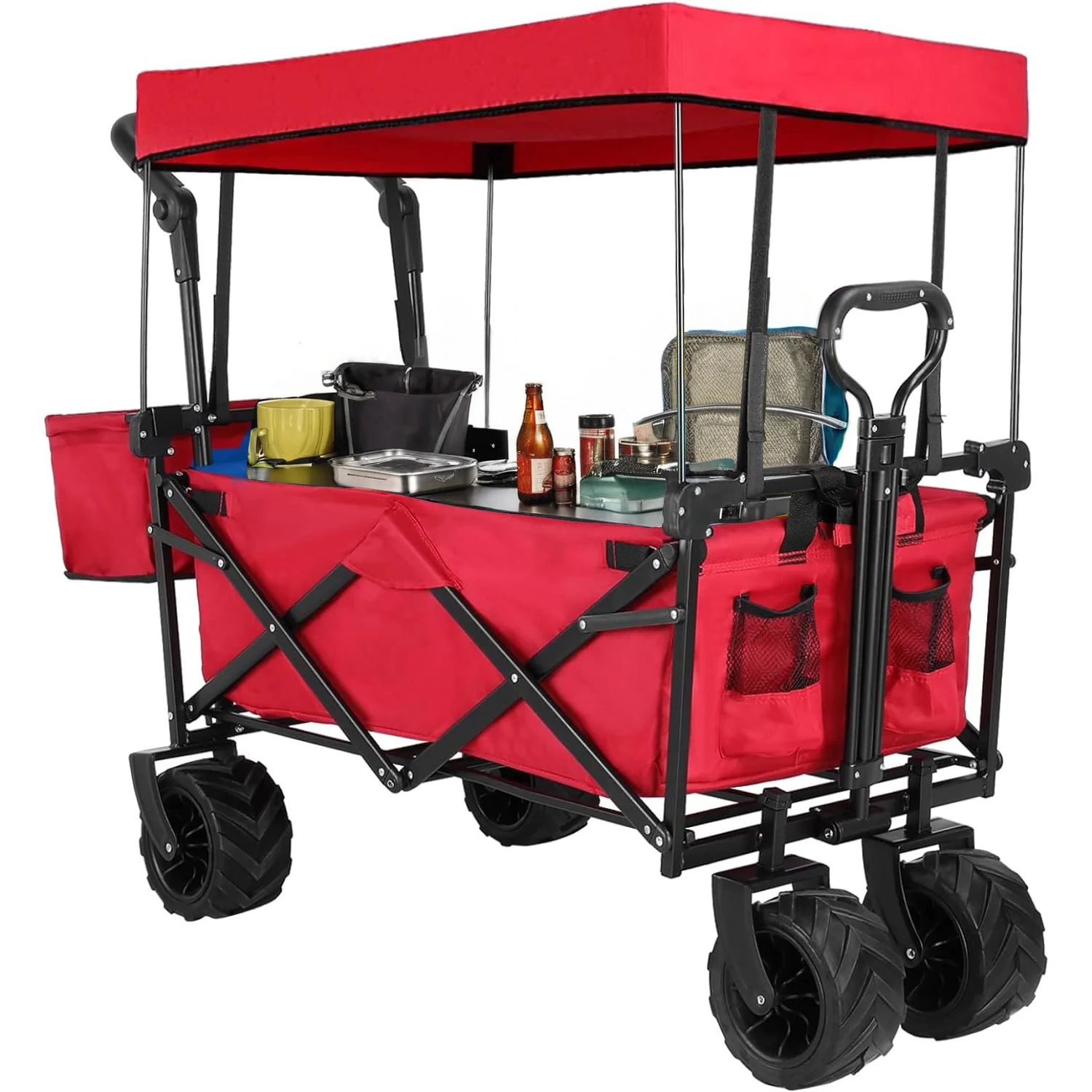 (Discontinued) Folding Wagon All-Terrain Wheels Camping Cart with Canopy and Basket