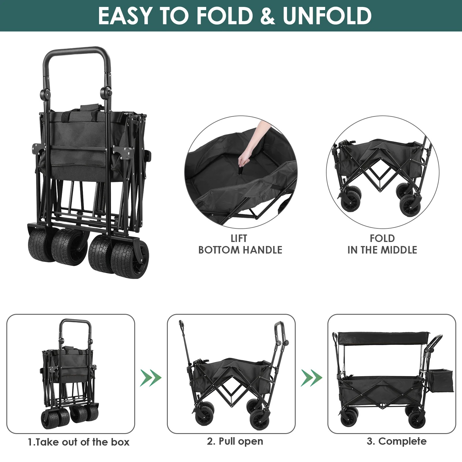 (Discontinued) Folding Wagon All-Terrain Wheels Camping Cart with Canopy and Basket