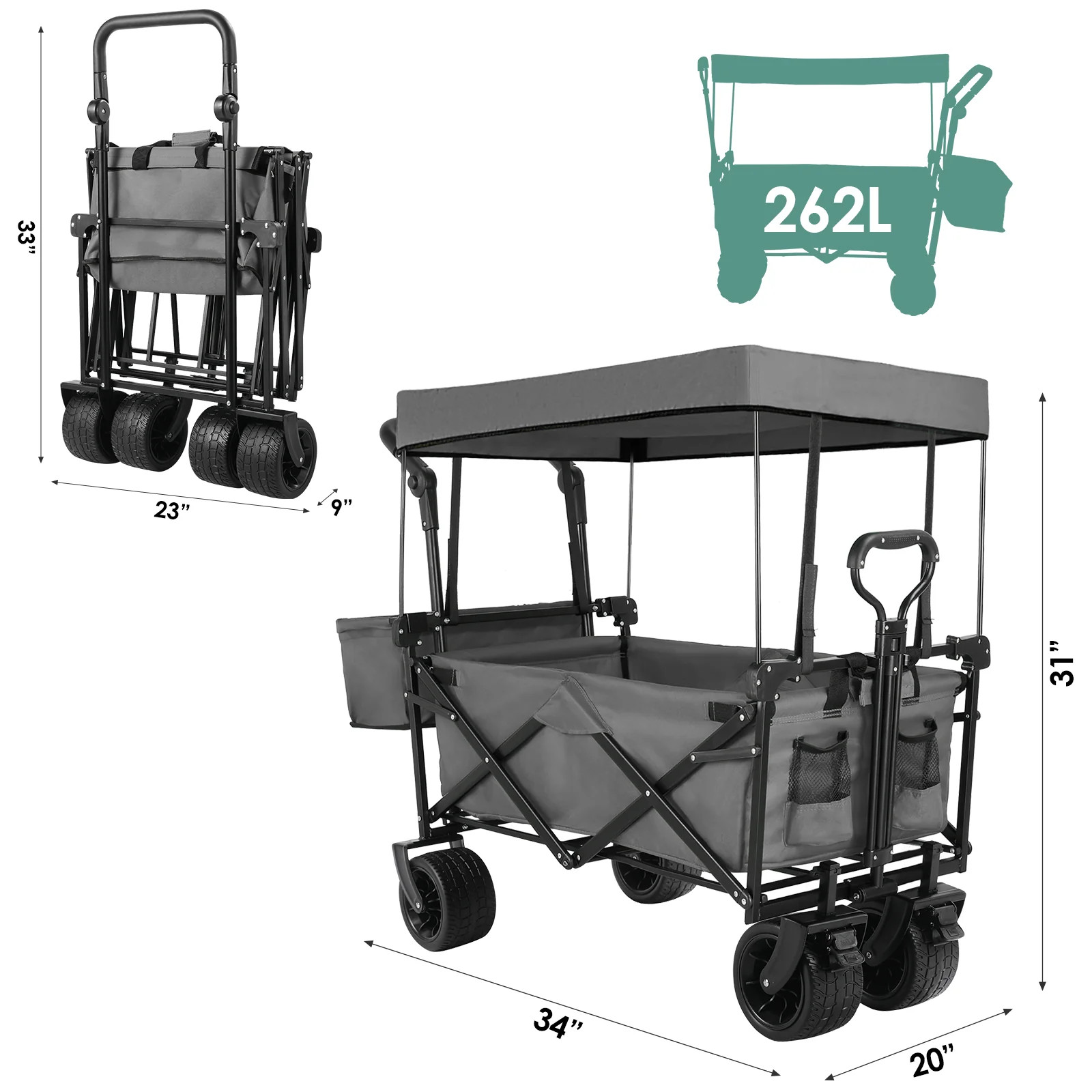 (Discontinued) Folding Wagon All-Terrain Wheels Camping Cart with Canopy and Basket