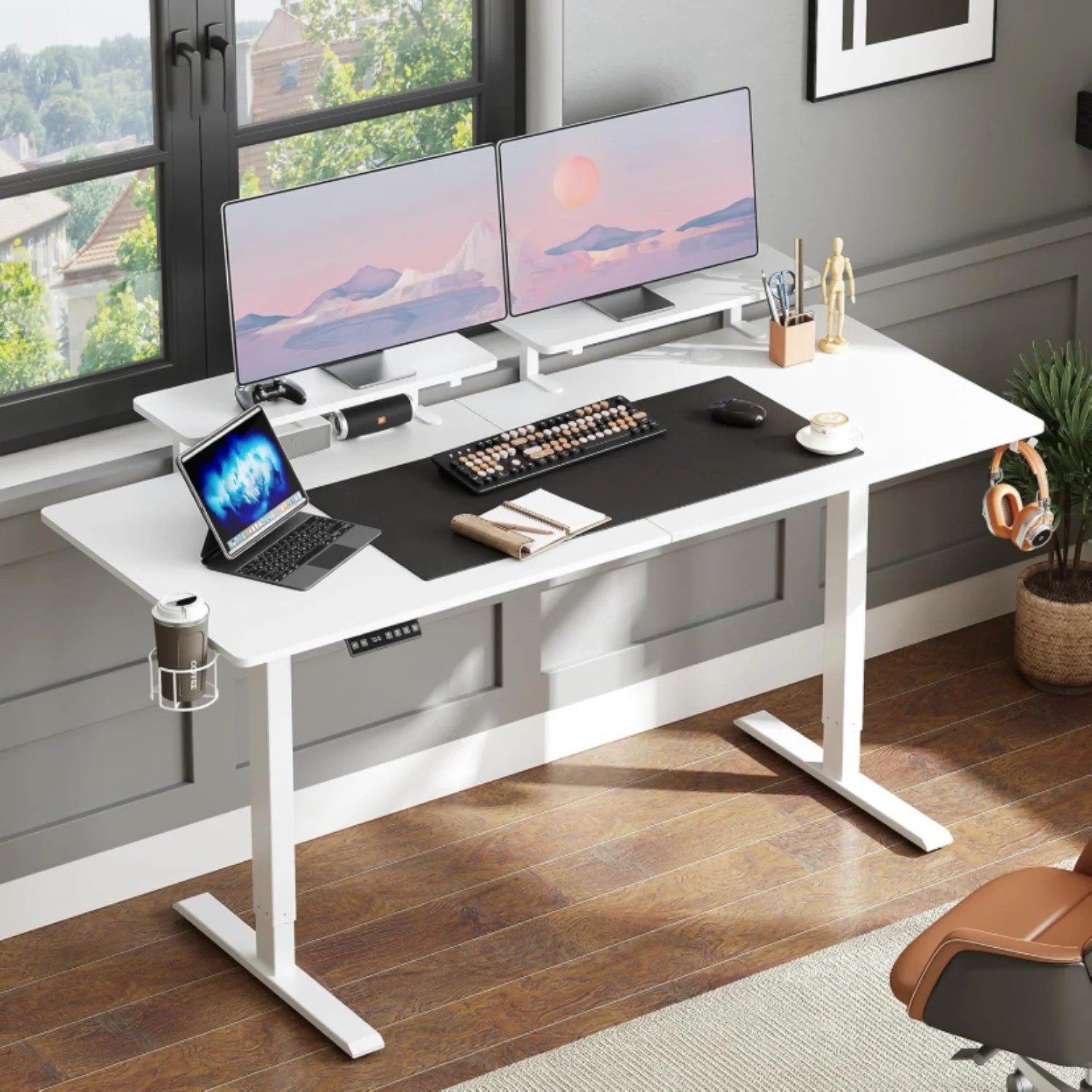 (Discontinued) 63 x 24 Inch Electric Standing Desk. Home Office Stand Up Desk with 2 Adjustable Monitor Shelves. Adjustable Computer Desk with Cup Holder and Hook