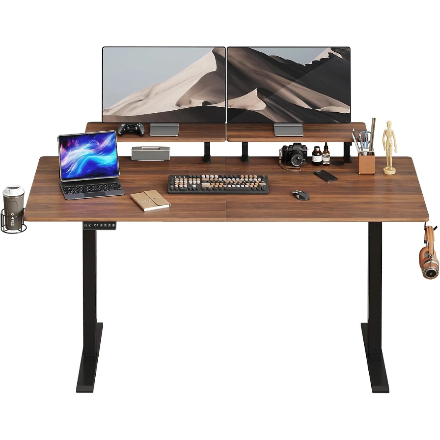 (Discontinued) 63 x 24 Inch Electric Standing Desk. Home Office Stand Up Desk with 2 Adjustable Monitor Shelves. Adjustable Computer Desk with Cup Holder and Hook