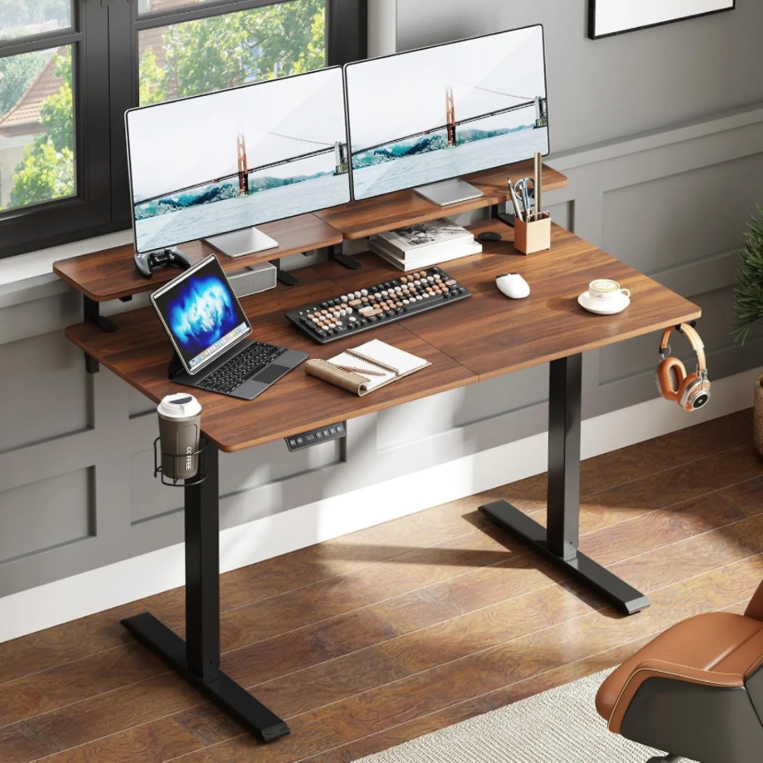 (Discontinued) 63 x 24 Inch Electric Standing Desk. Home Office Stand Up Desk with 2 Adjustable Monitor Shelves. Adjustable Computer Desk with Cup Holder and Hook