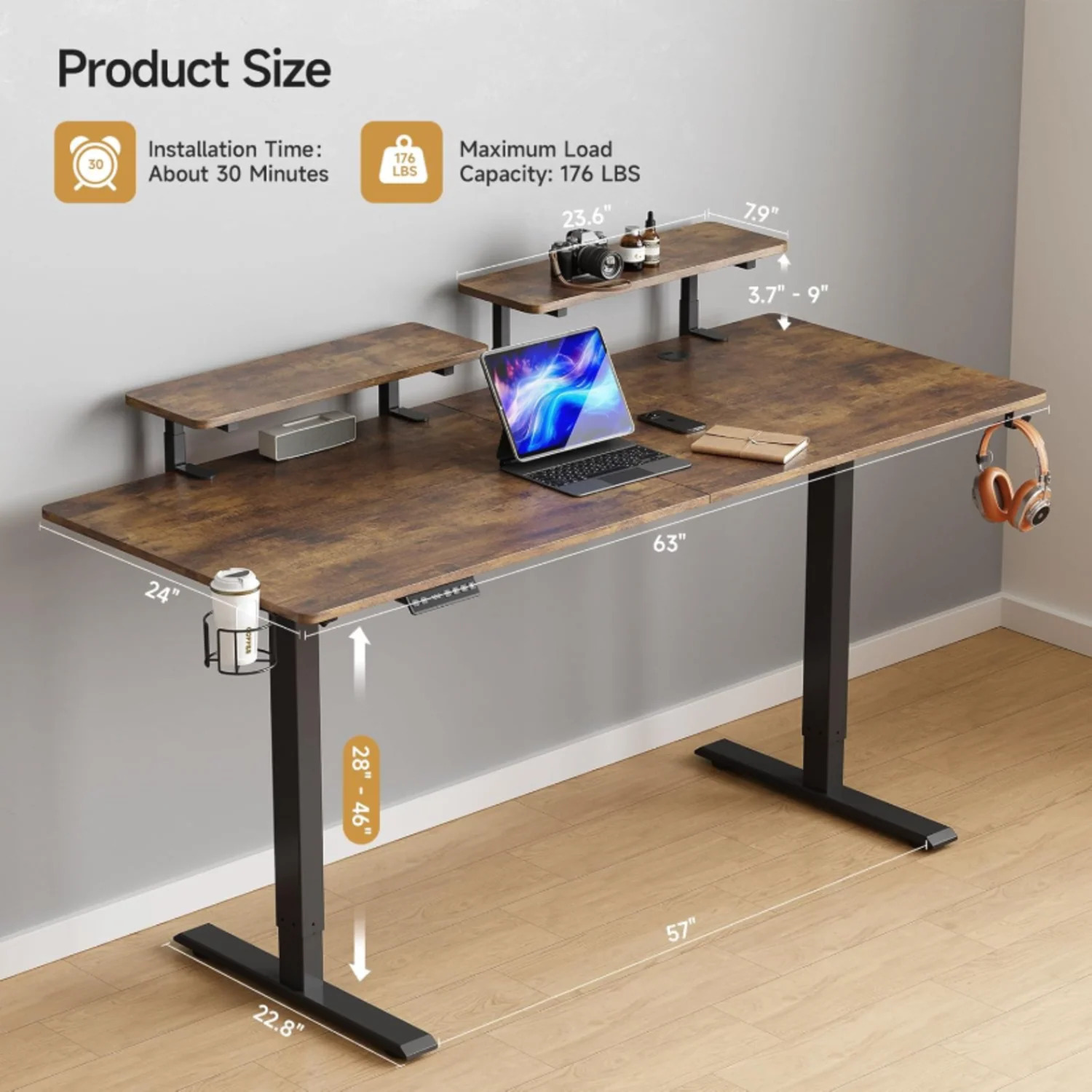 (Discontinued) 63 x 24 Inch Electric Standing Desk. Home Office Stand Up Desk with 2 Adjustable Monitor Shelves. Adjustable Computer Desk with Cup Holder and Hook