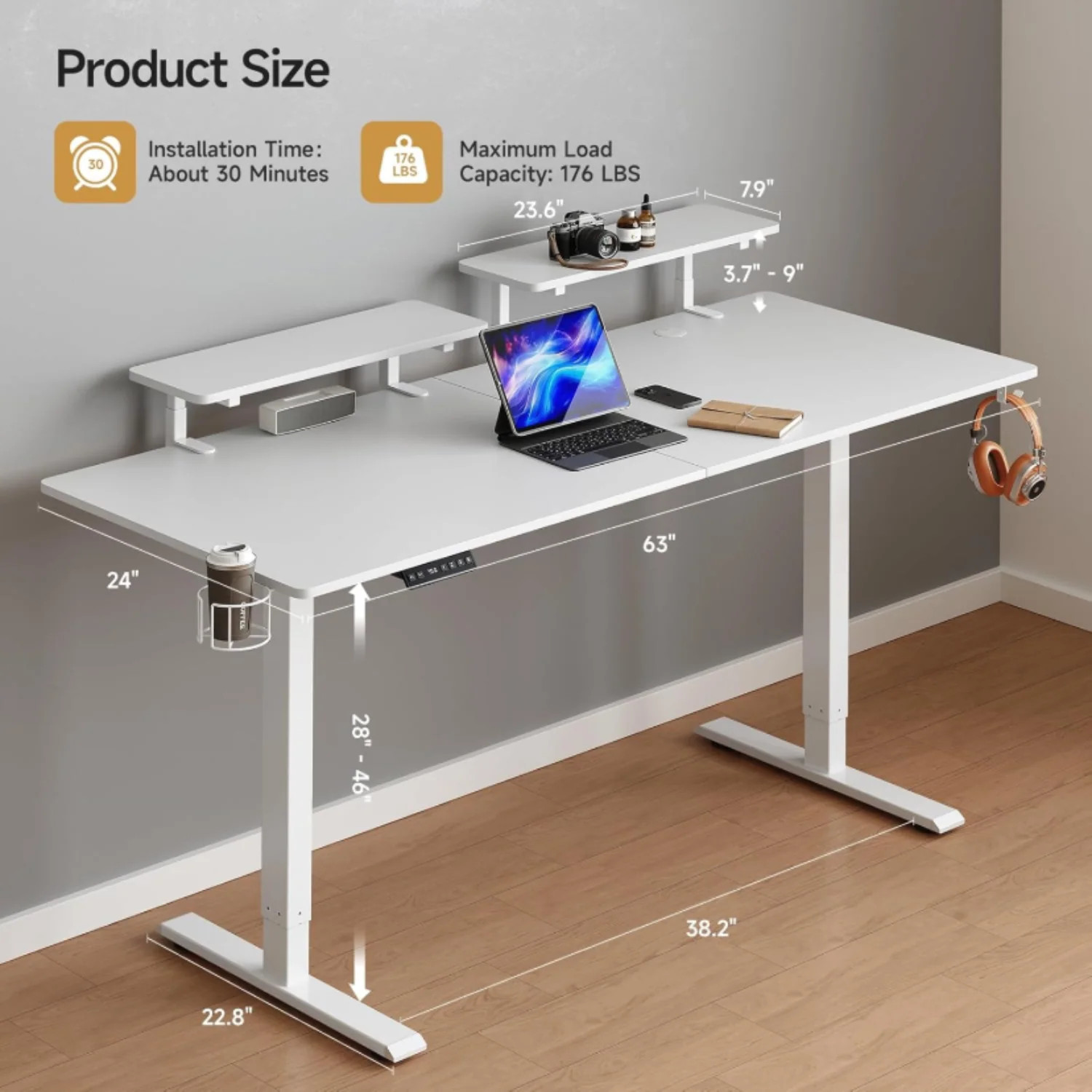 (Discontinued) 63 x 24 Inch Electric Standing Desk. Home Office Stand Up Desk with 2 Adjustable Monitor Shelves. Adjustable Computer Desk with Cup Holder and Hook